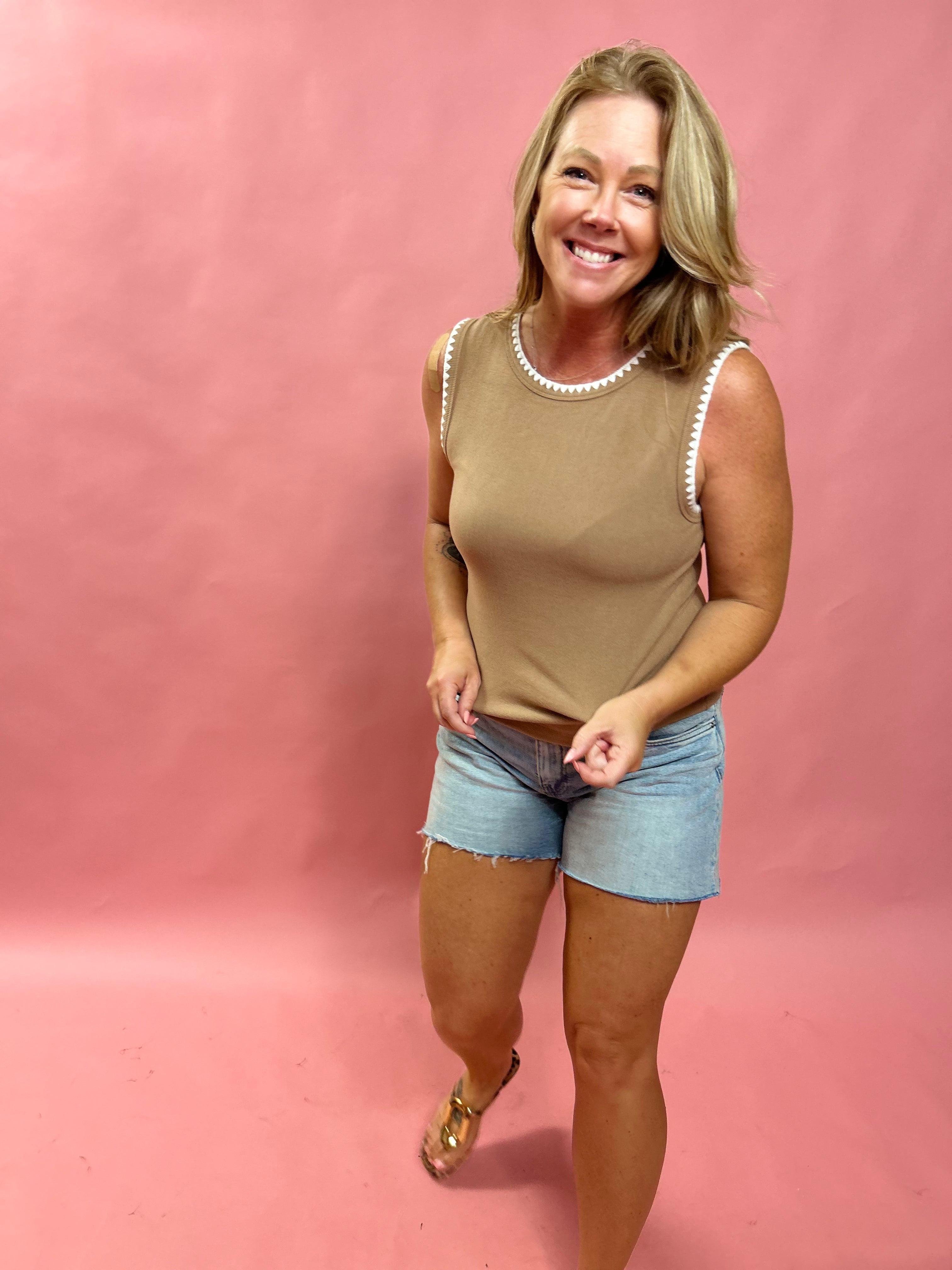 Avril Rib Whipstitch Tank in Taupe