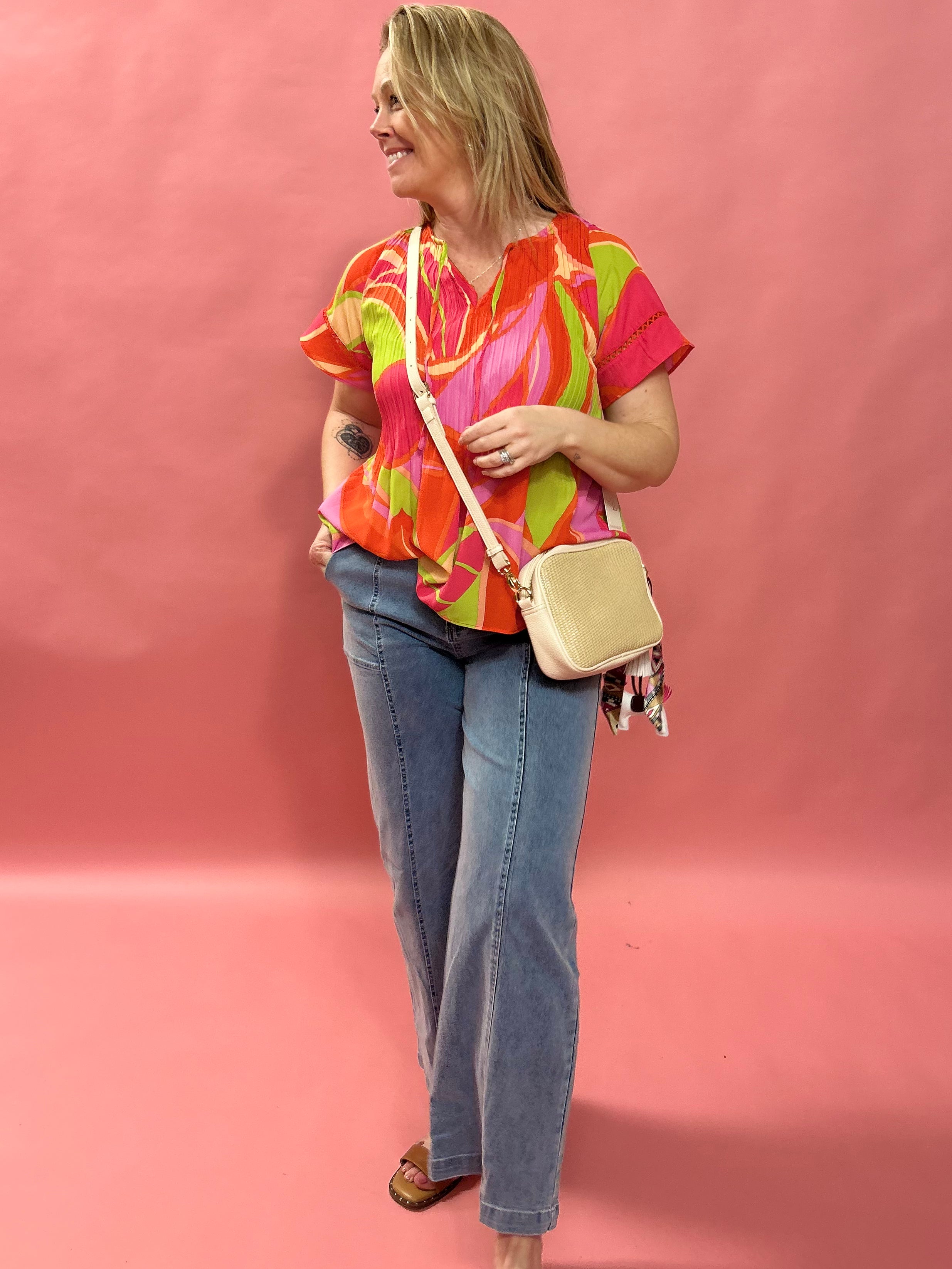 Bloom & Flow: Bright Floral Mini Pleat Tie-Front Blouse
