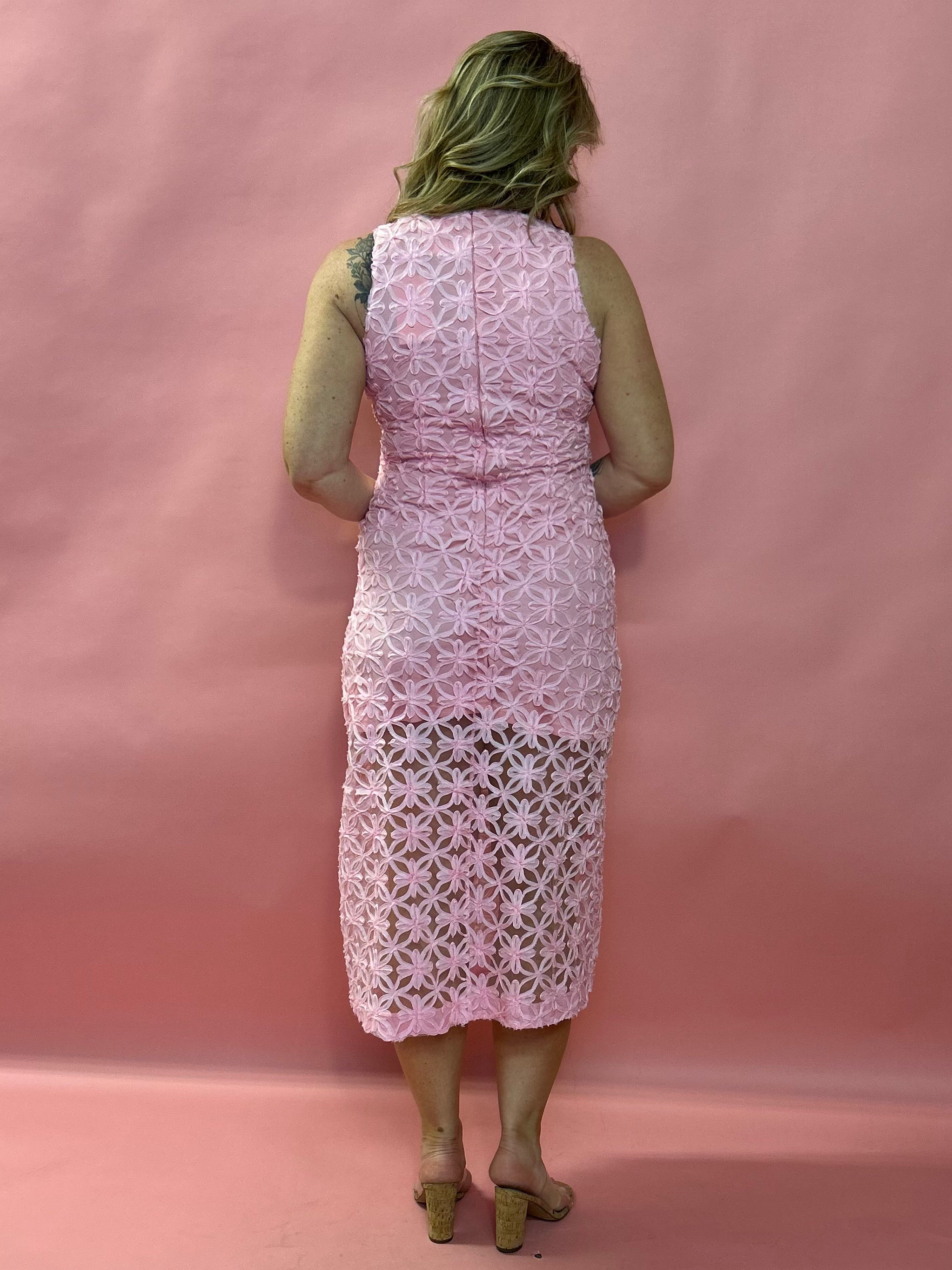 Blush Elegance: Embroidered Lace Midi Dress in Pink