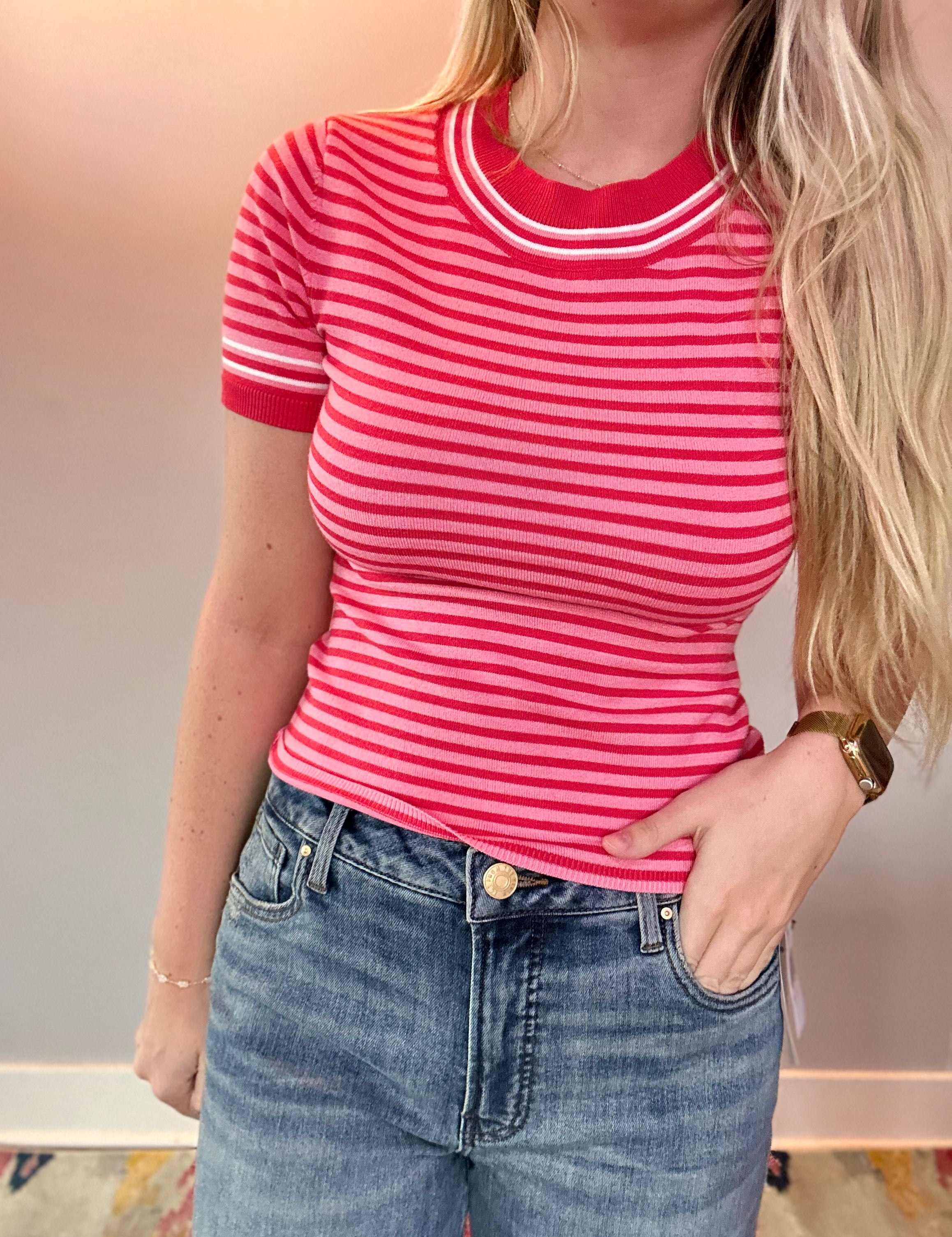 Blush Stripes Round Neck Sweater Top