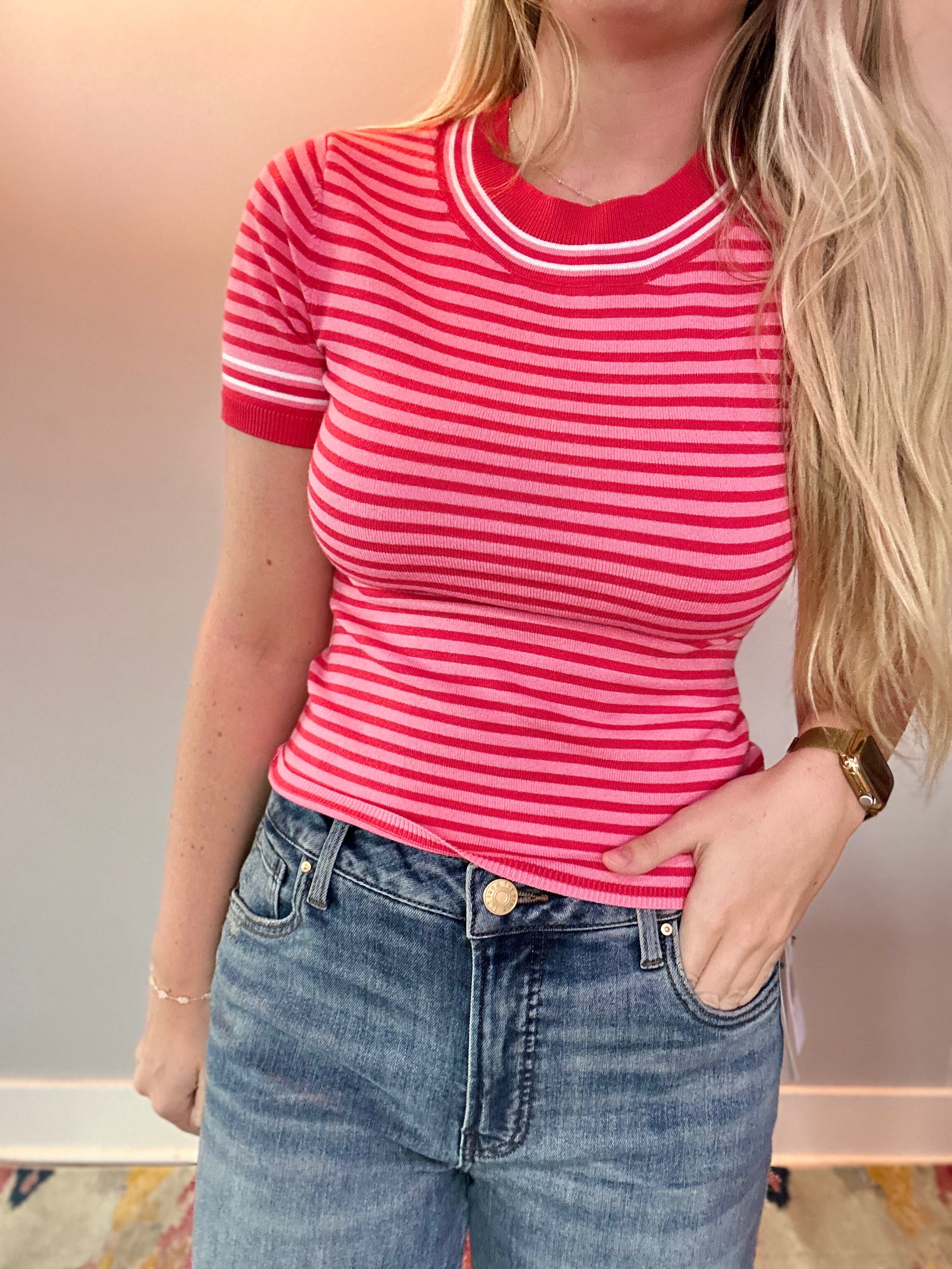 Blush Stripes Round Neck Sweater Top
