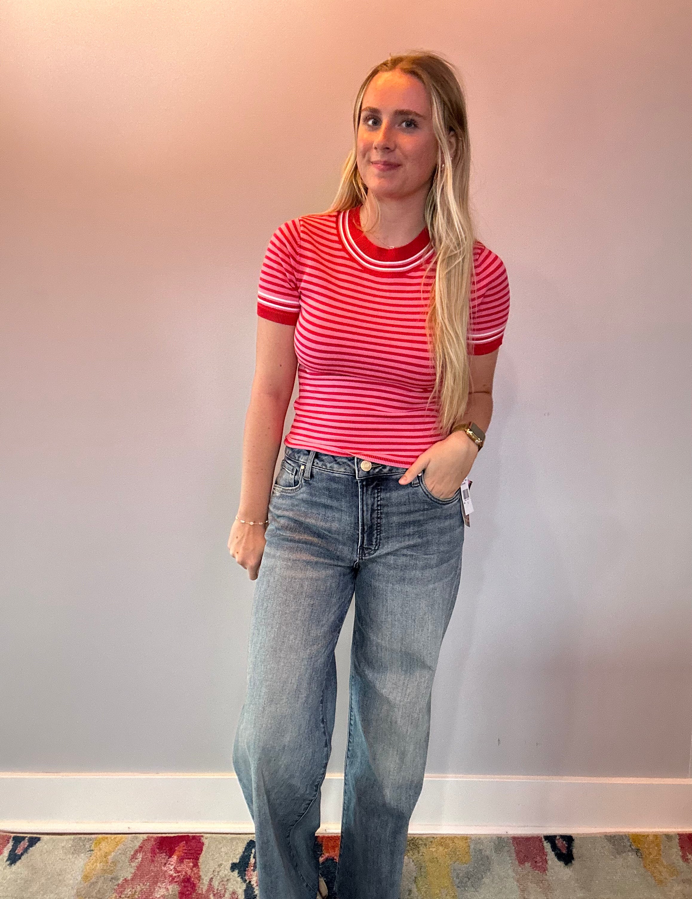 Blush Stripes Round Neck Sweater Top