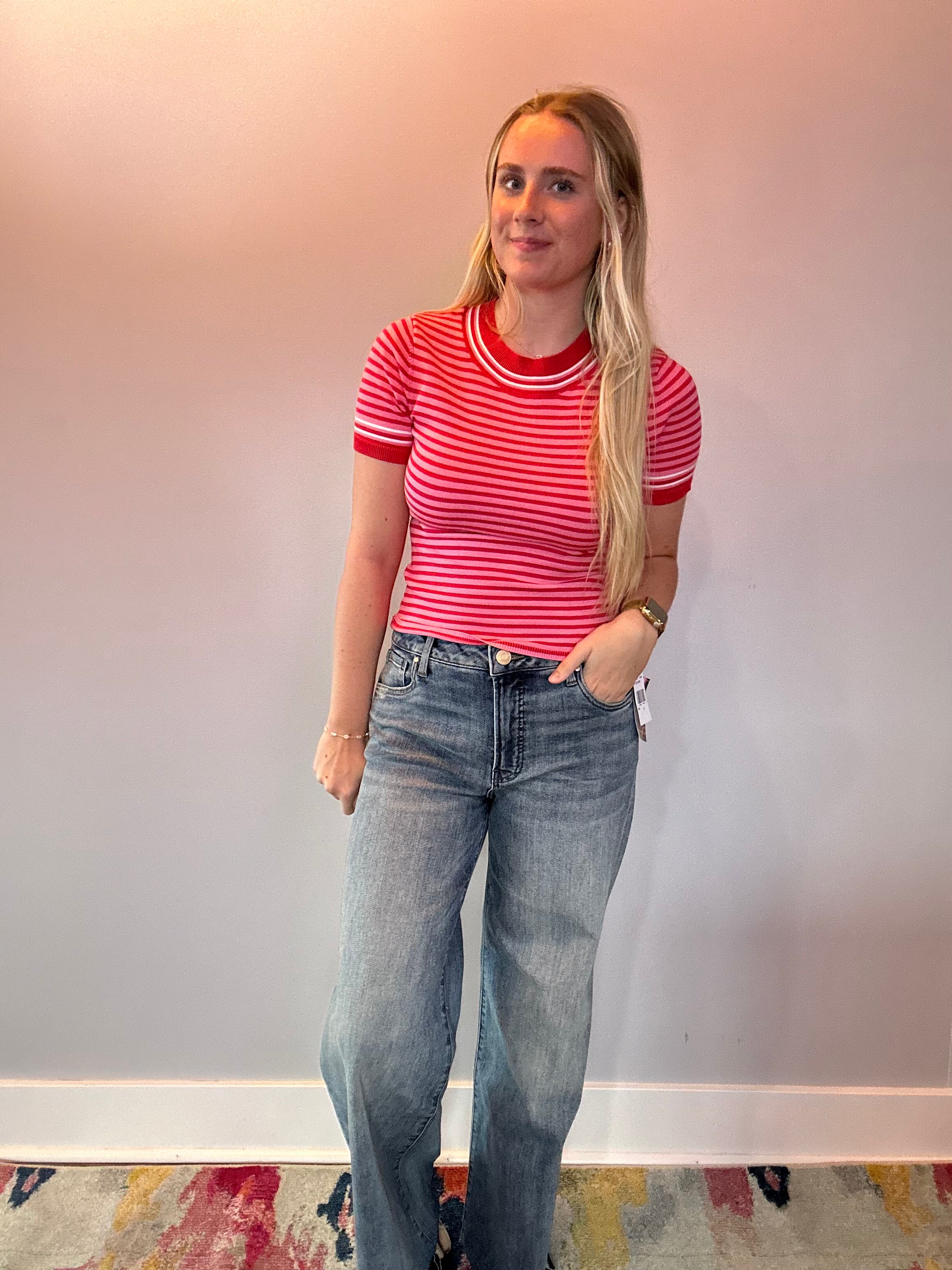 Blush Stripes Round Neck Sweater Top