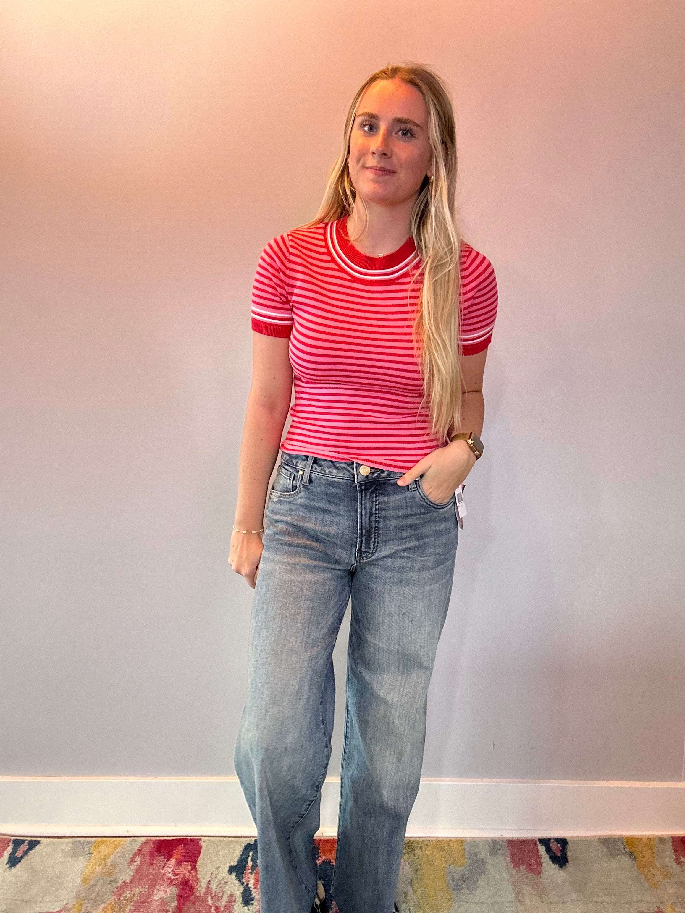 Blush Stripes Round Neck Sweater Top