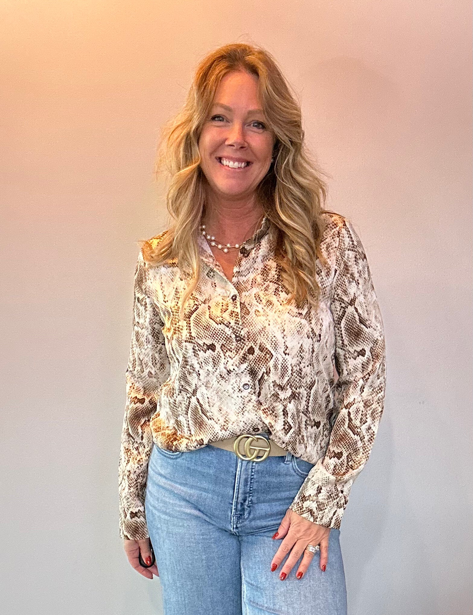 Brown Python Button Down Blouse