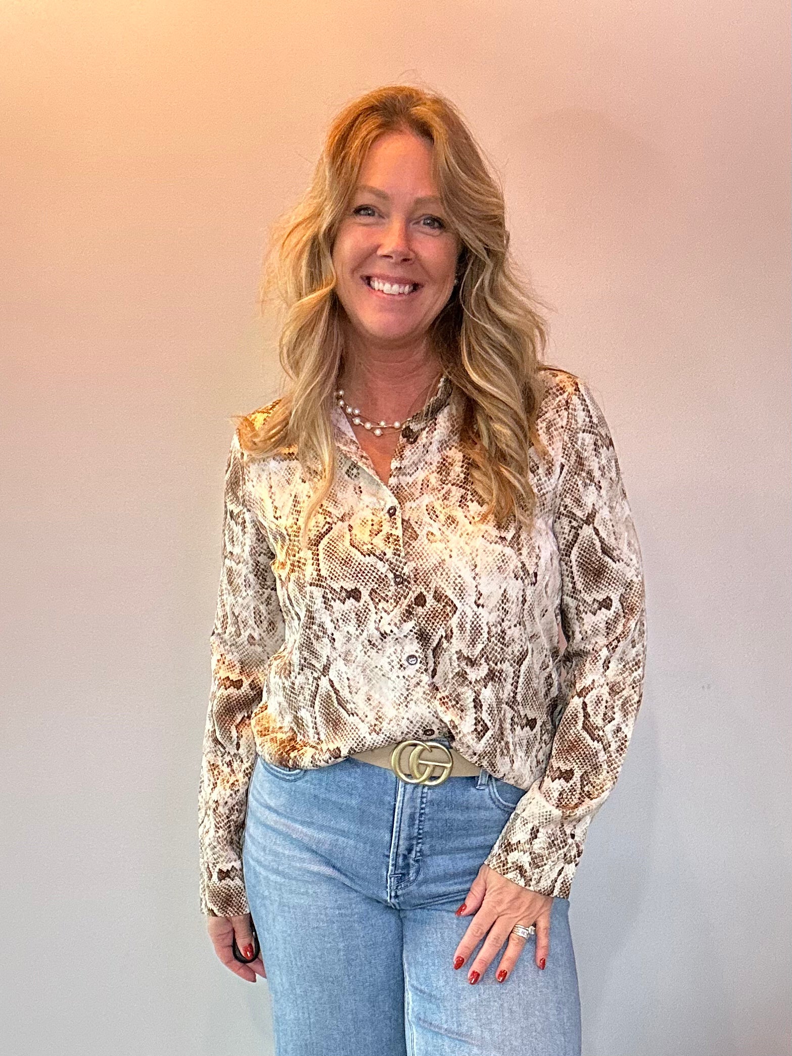 Brown Python Button Down Blouse