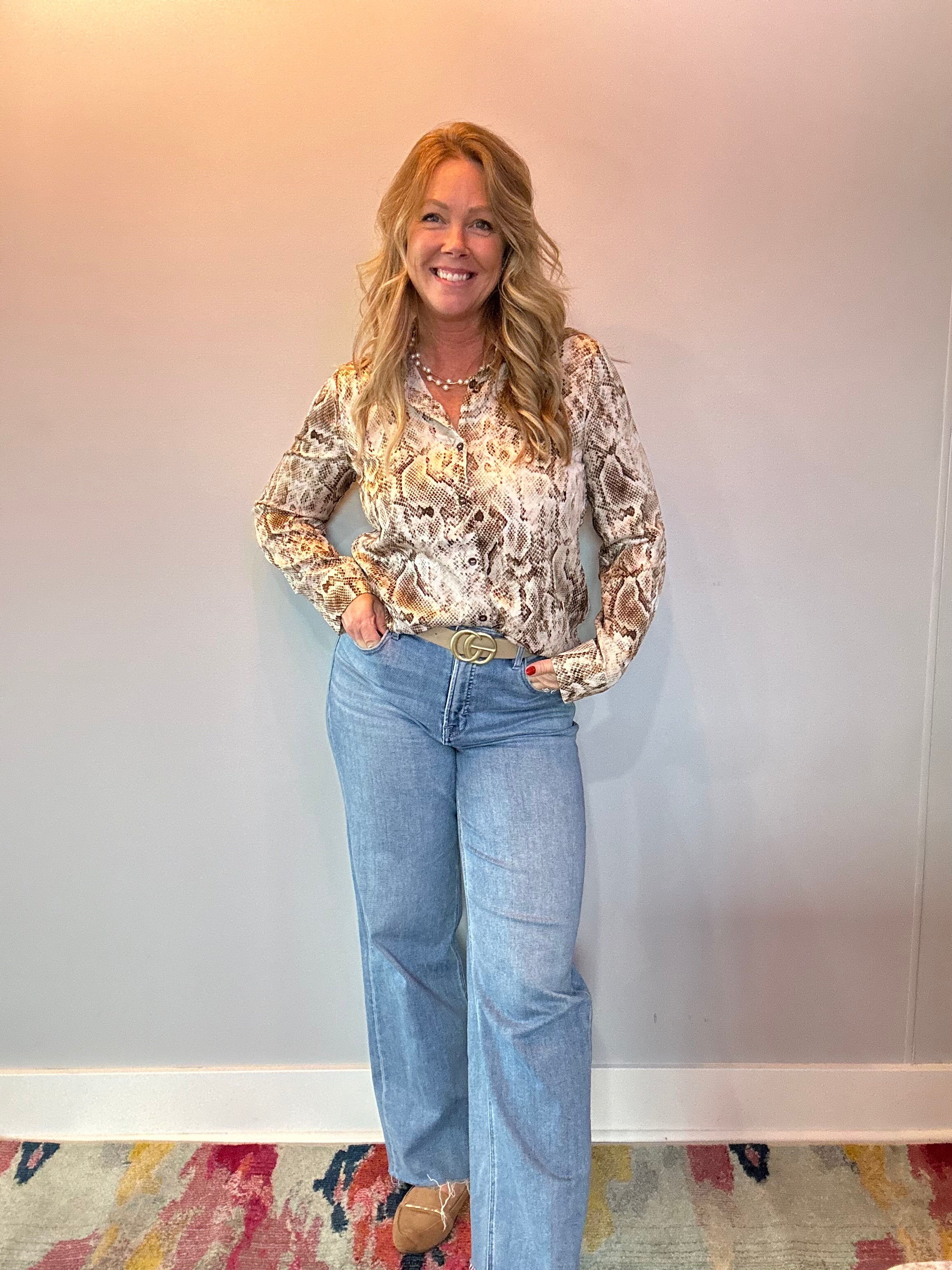 Brown Python Button Down Blouse