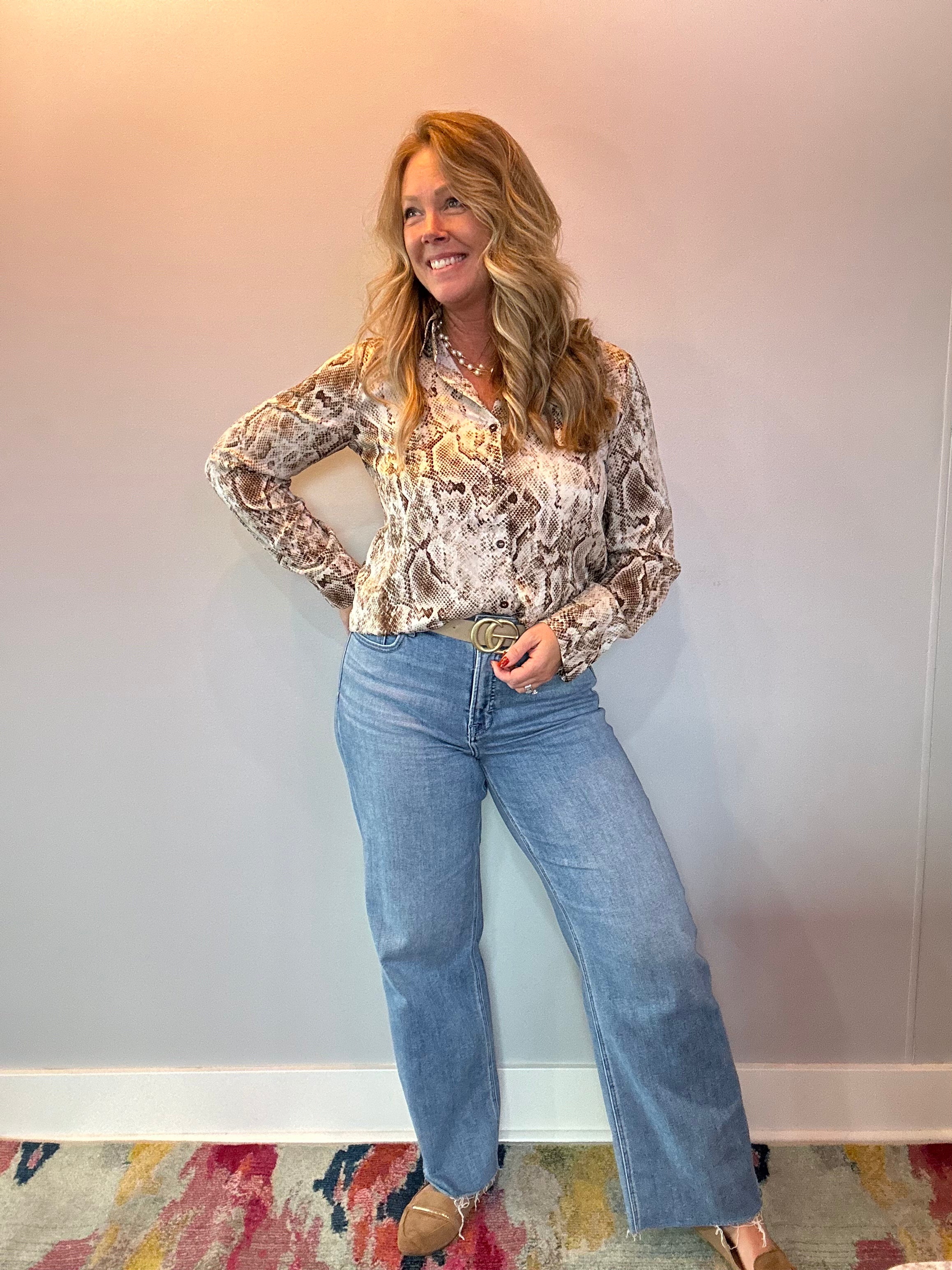 Brown Python Button Down Blouse