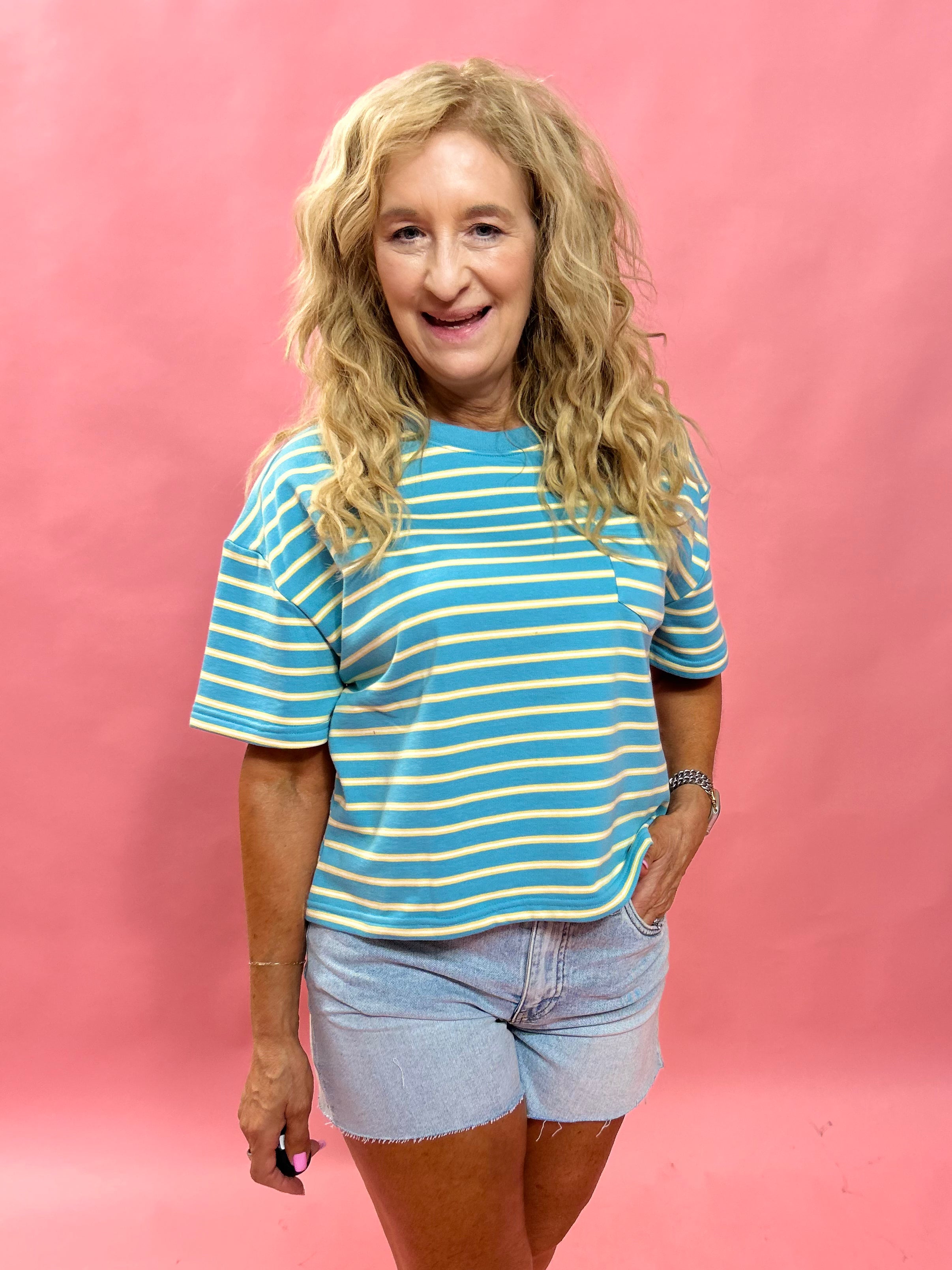 Coastal Stripes: Drop Shoulder Knit Top in Sky
