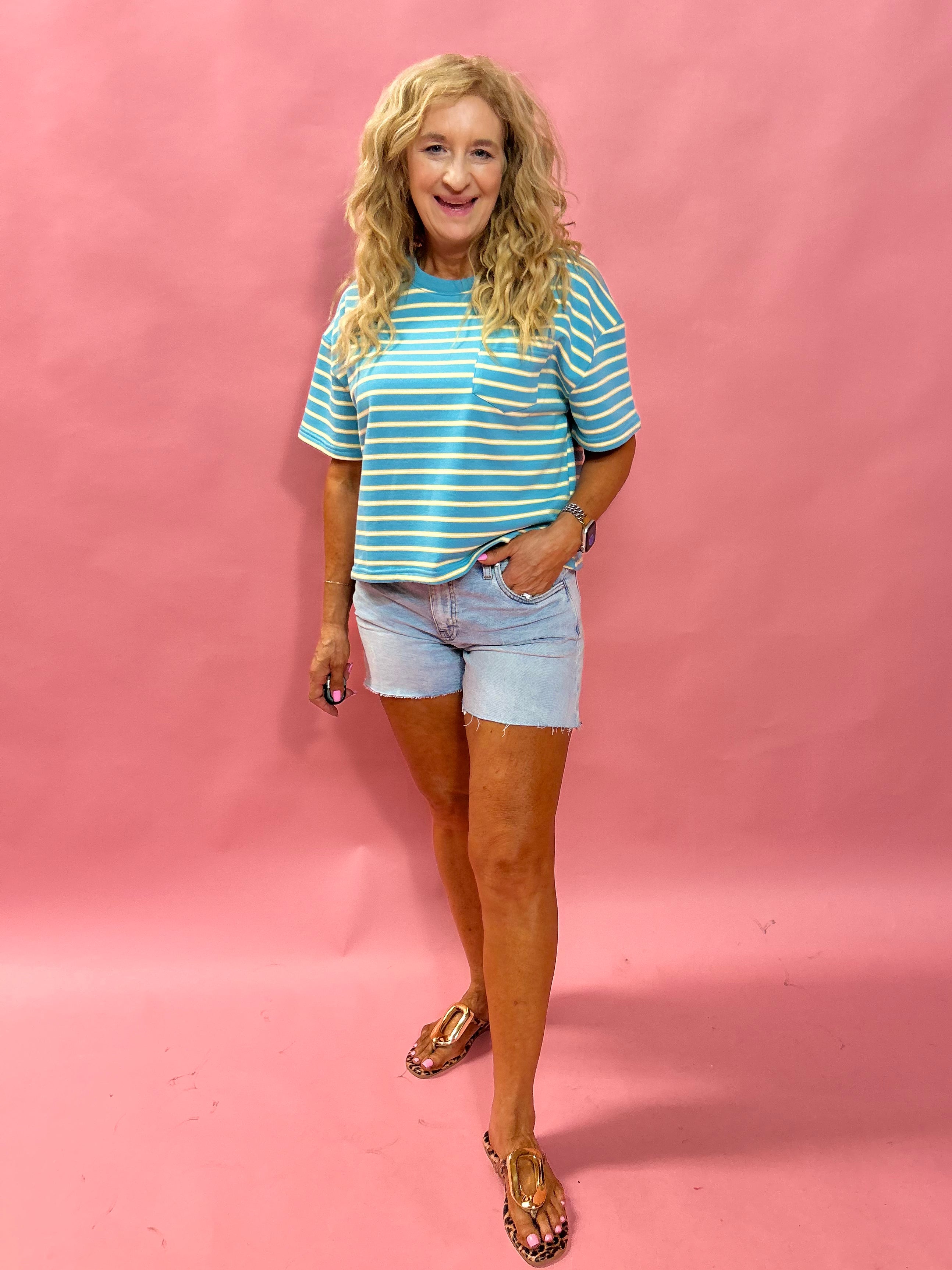 Coastal Stripes: Drop Shoulder Knit Top in Sky