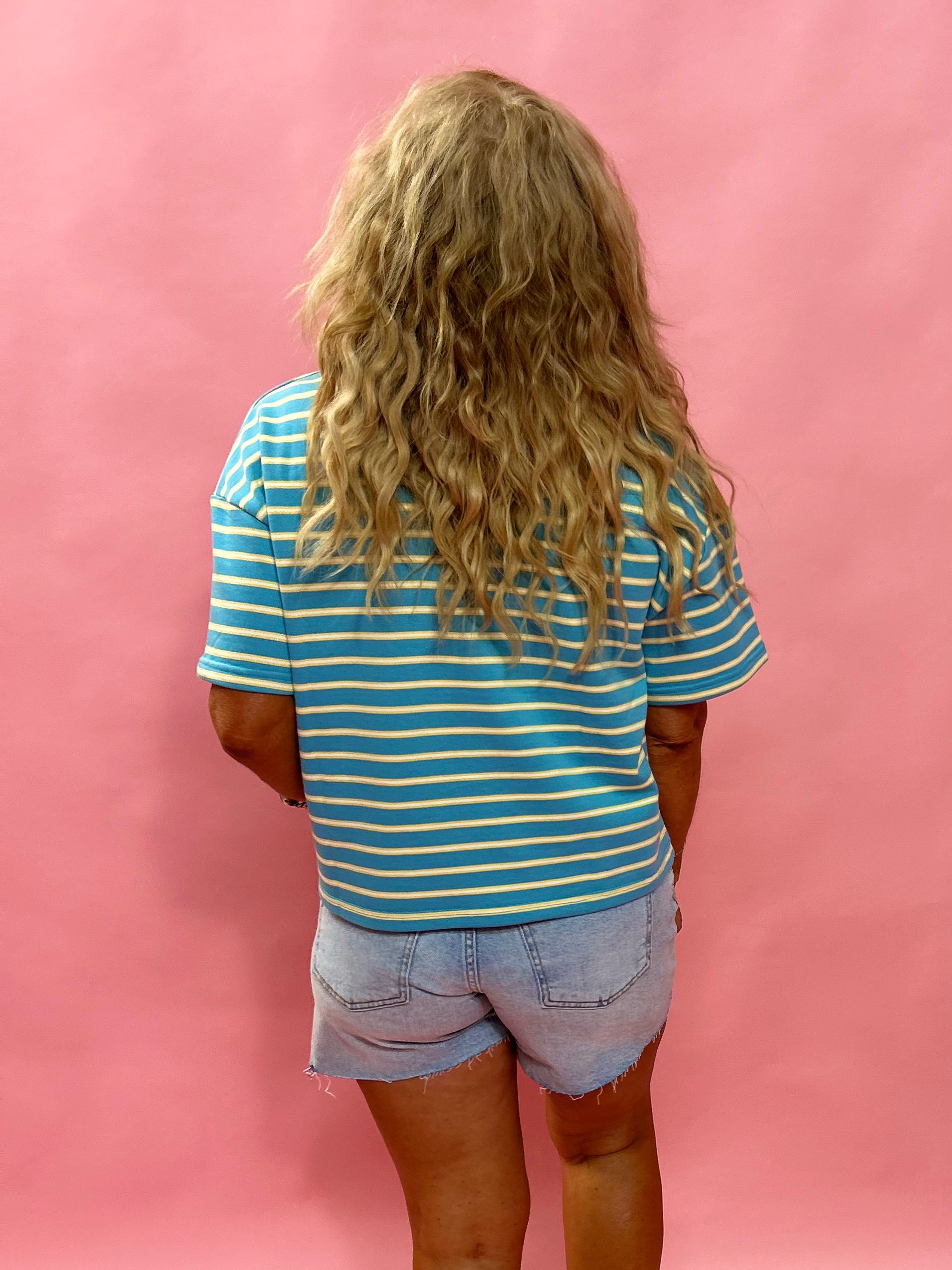 Coastal Stripes: Drop Shoulder Knit Top in Sky