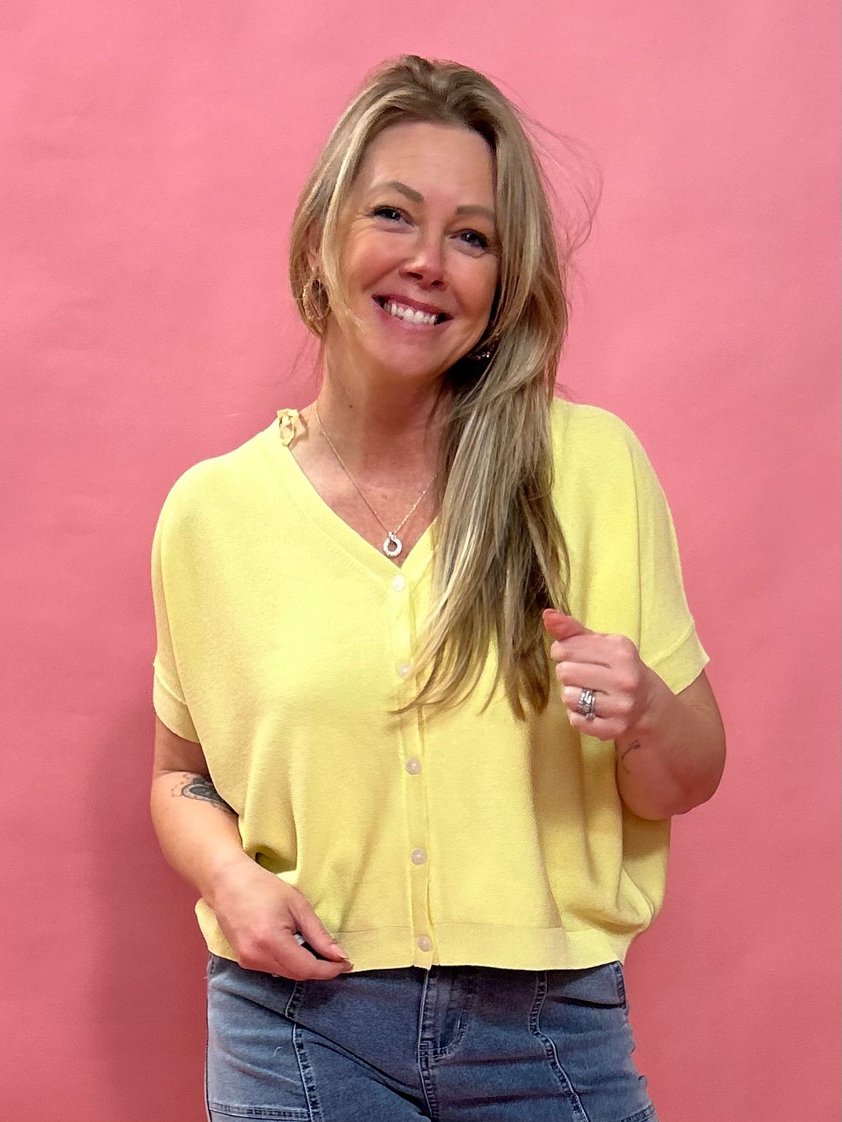 Cozy Chic Boxy Button-Up Cardigan in Lemon