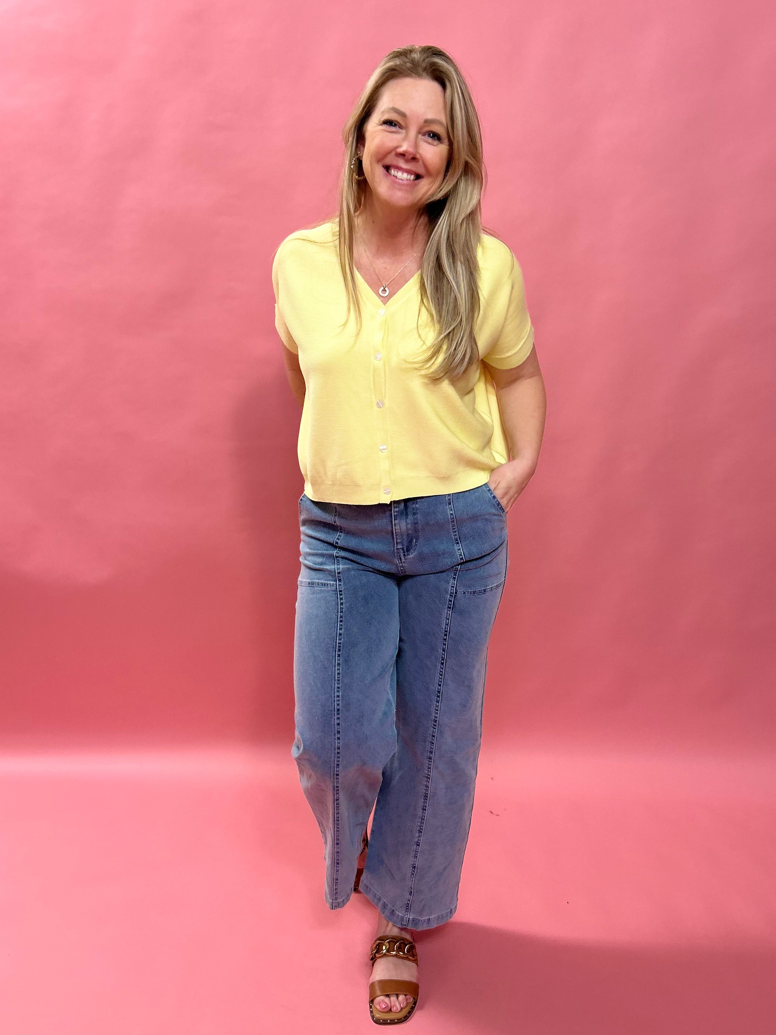 Cozy Chic Boxy Button-Up Cardigan in Lemon