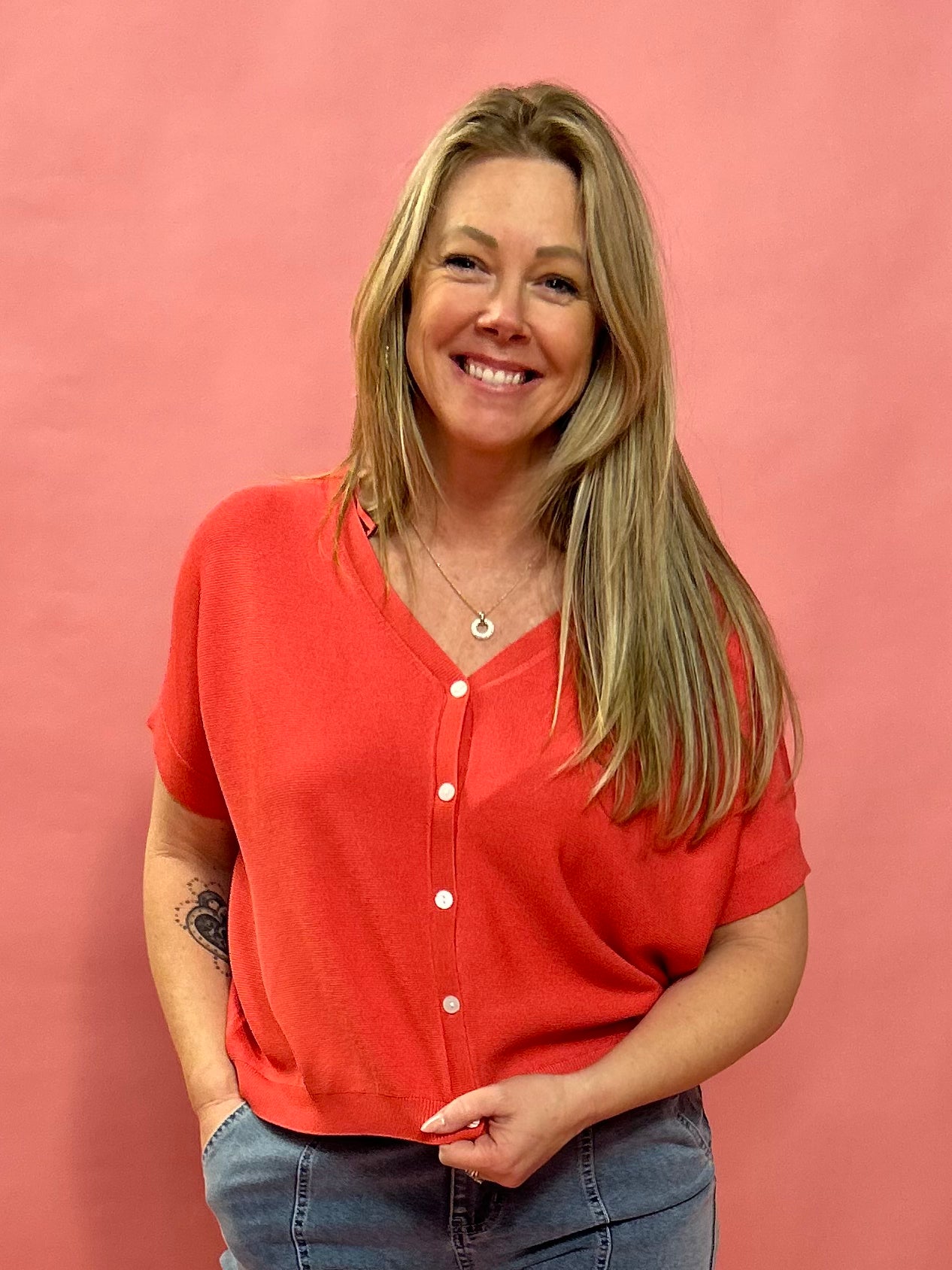 Cozy Chic Boxy Button-Up Cardigan in Poppy