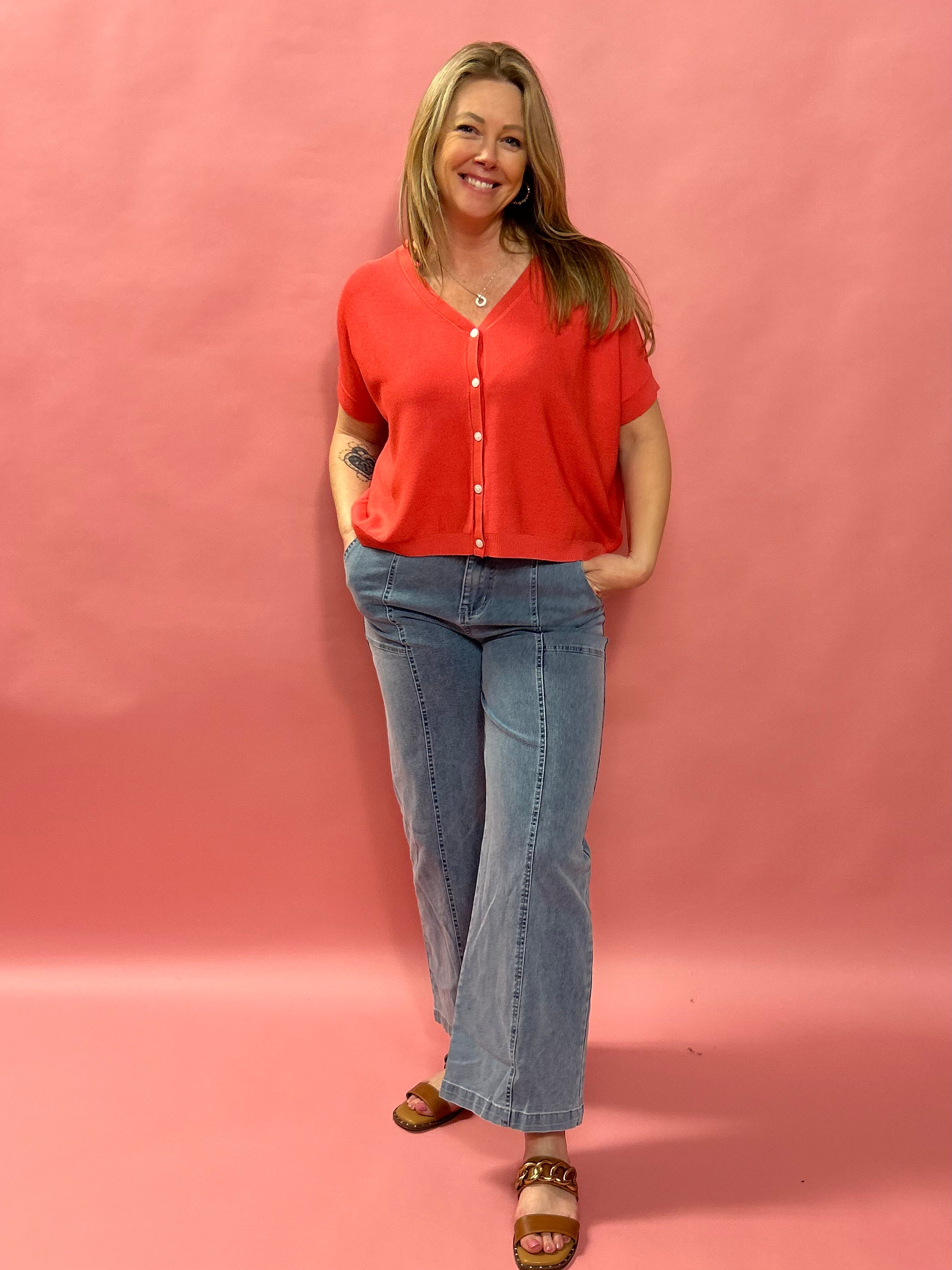 Cozy Chic Boxy Button-Up Cardigan in Poppy