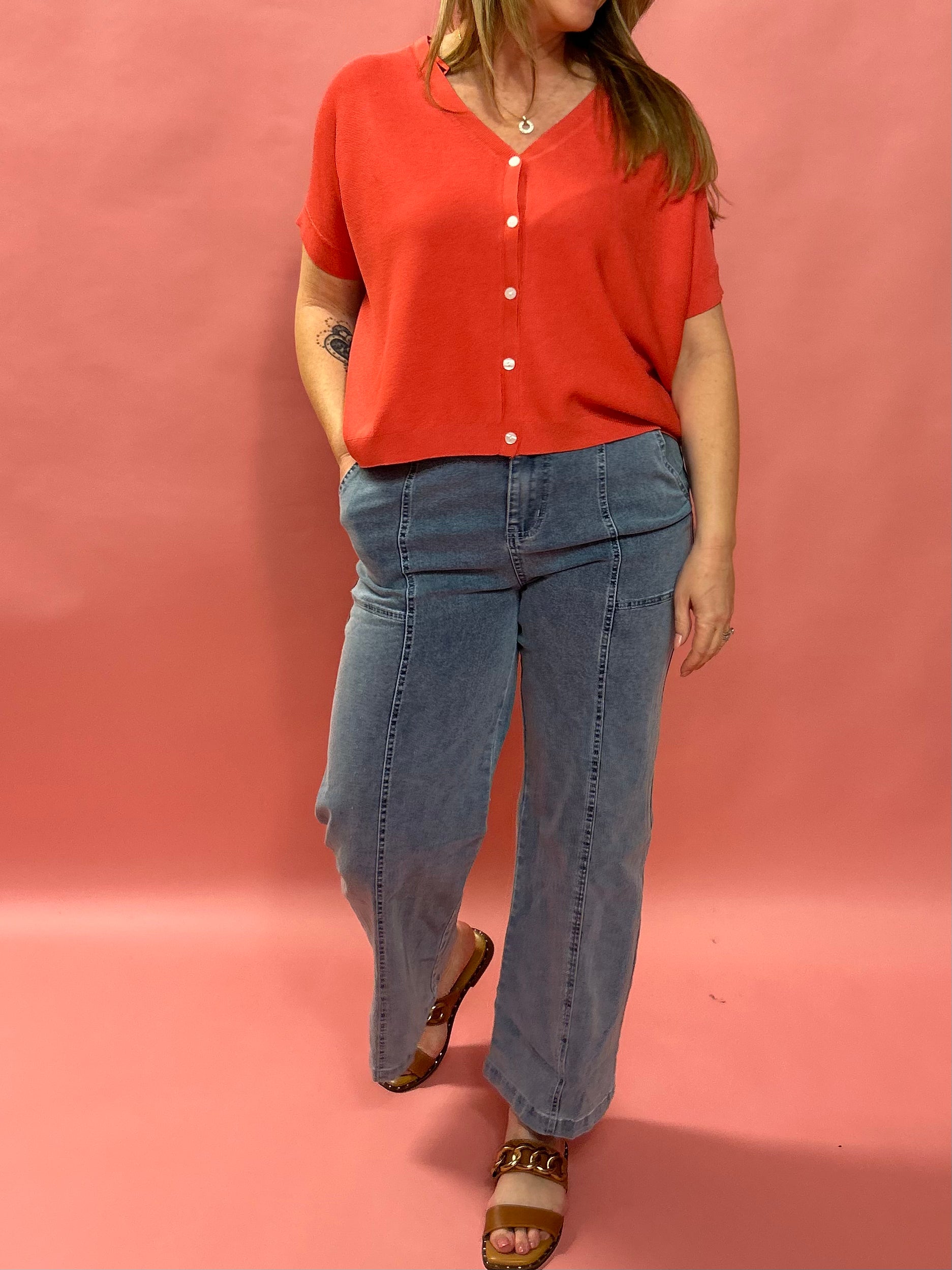Cozy Chic Boxy Button-Up Cardigan in Poppy