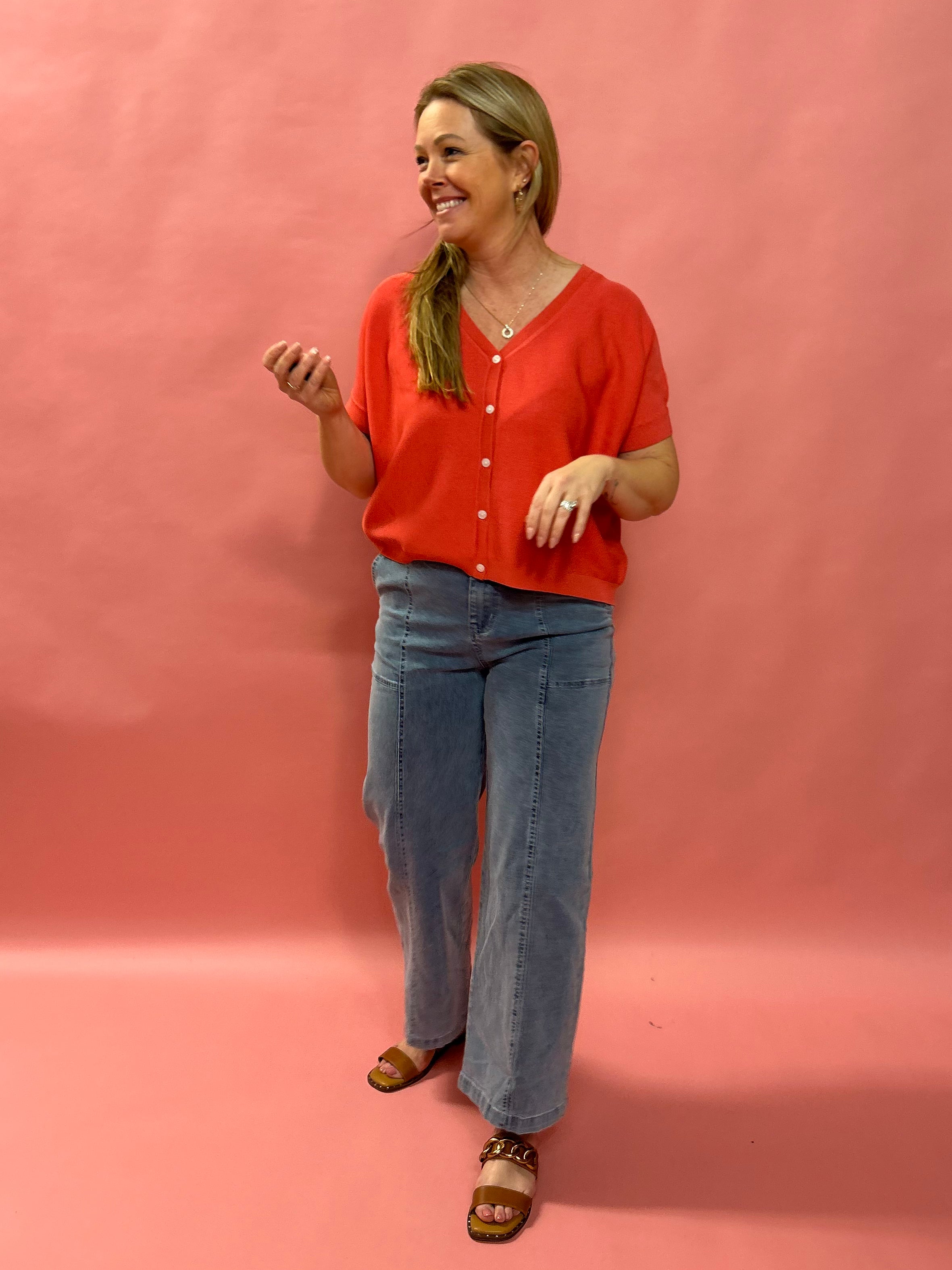 Cozy Chic Boxy Button-Up Cardigan in Poppy