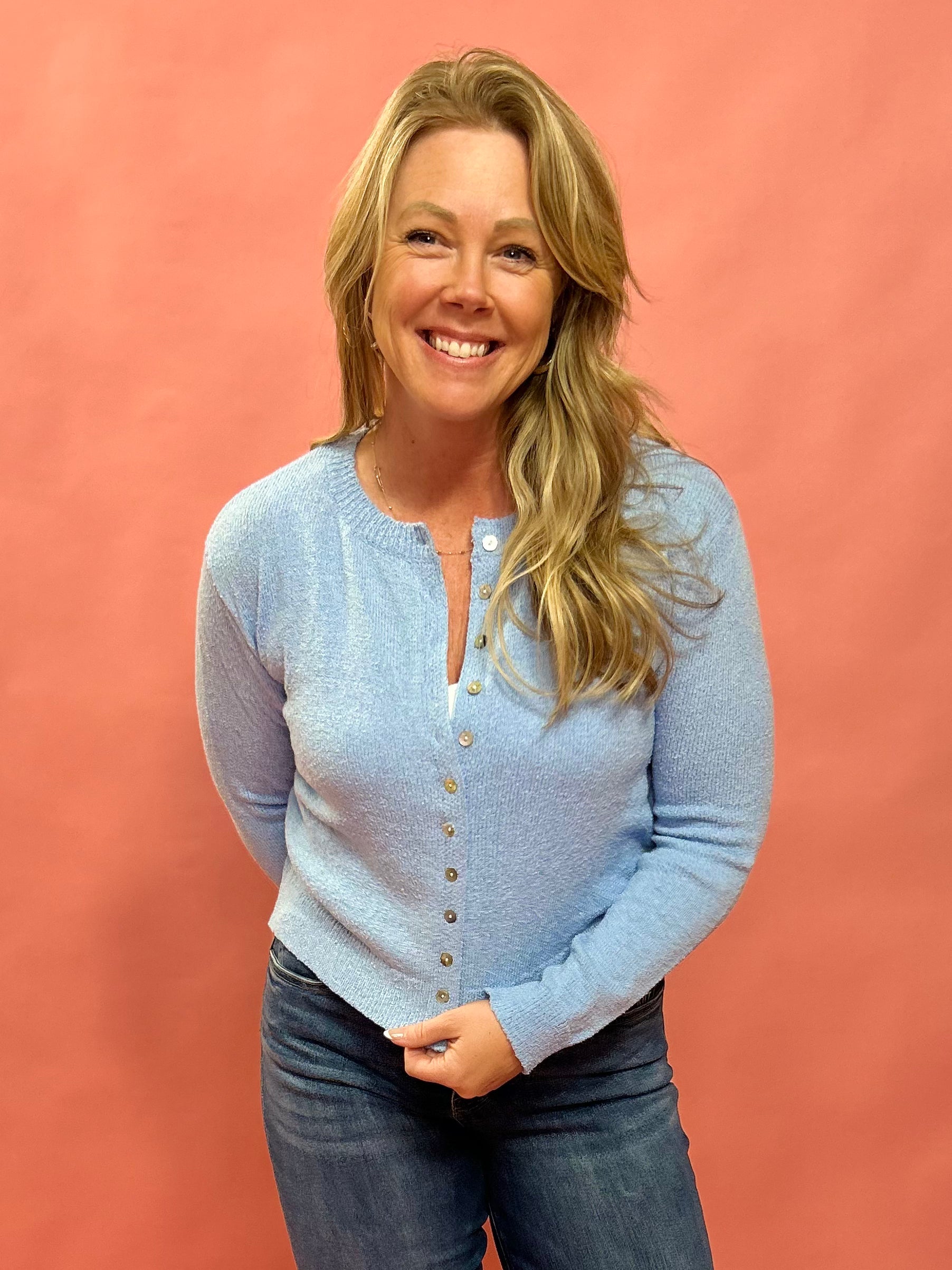 Cozy Classic Button-Up Sweater Knit Top in Sky Blue