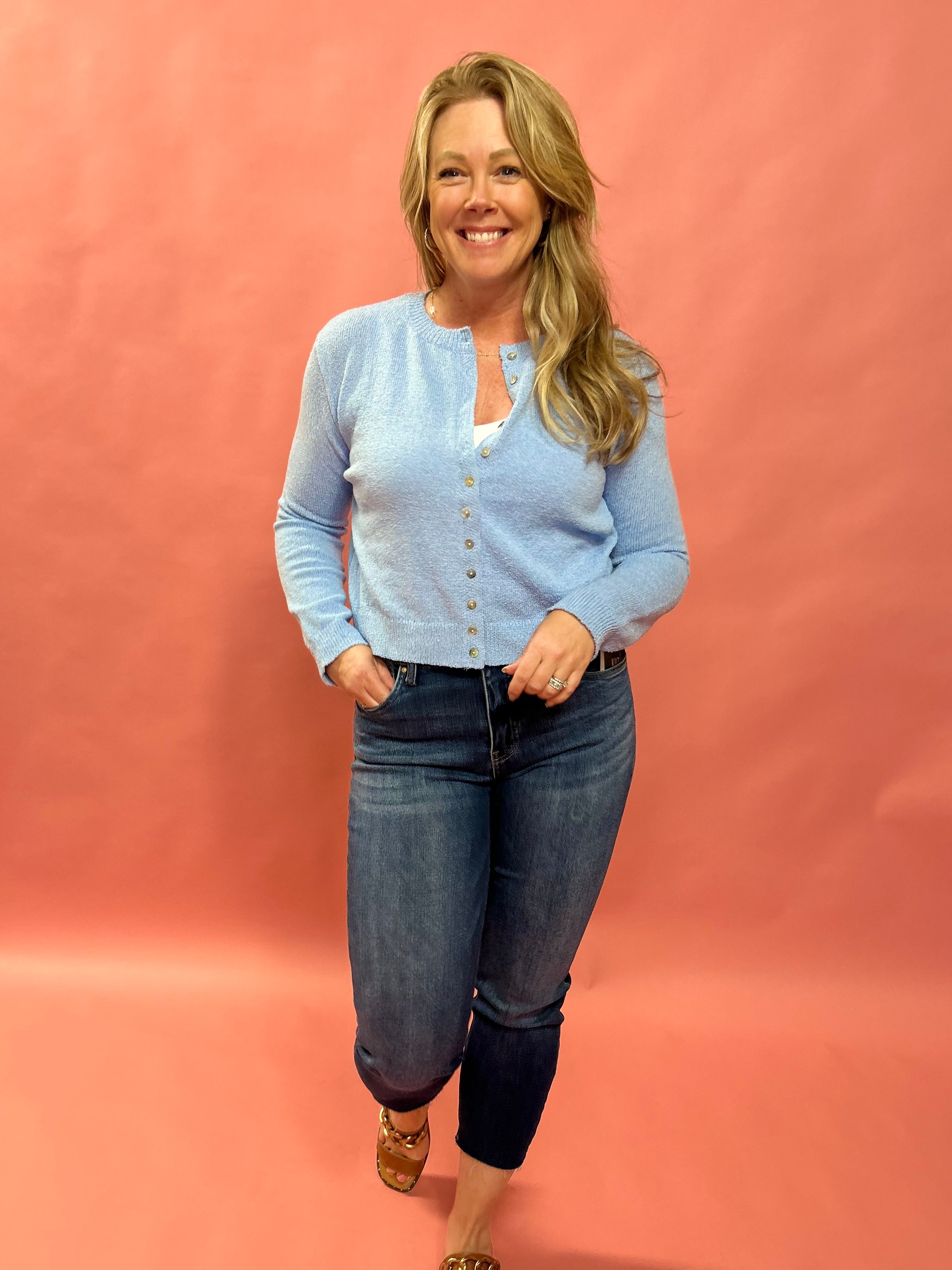 Cozy Classic Button-Up Sweater Knit Top in Sky Blue