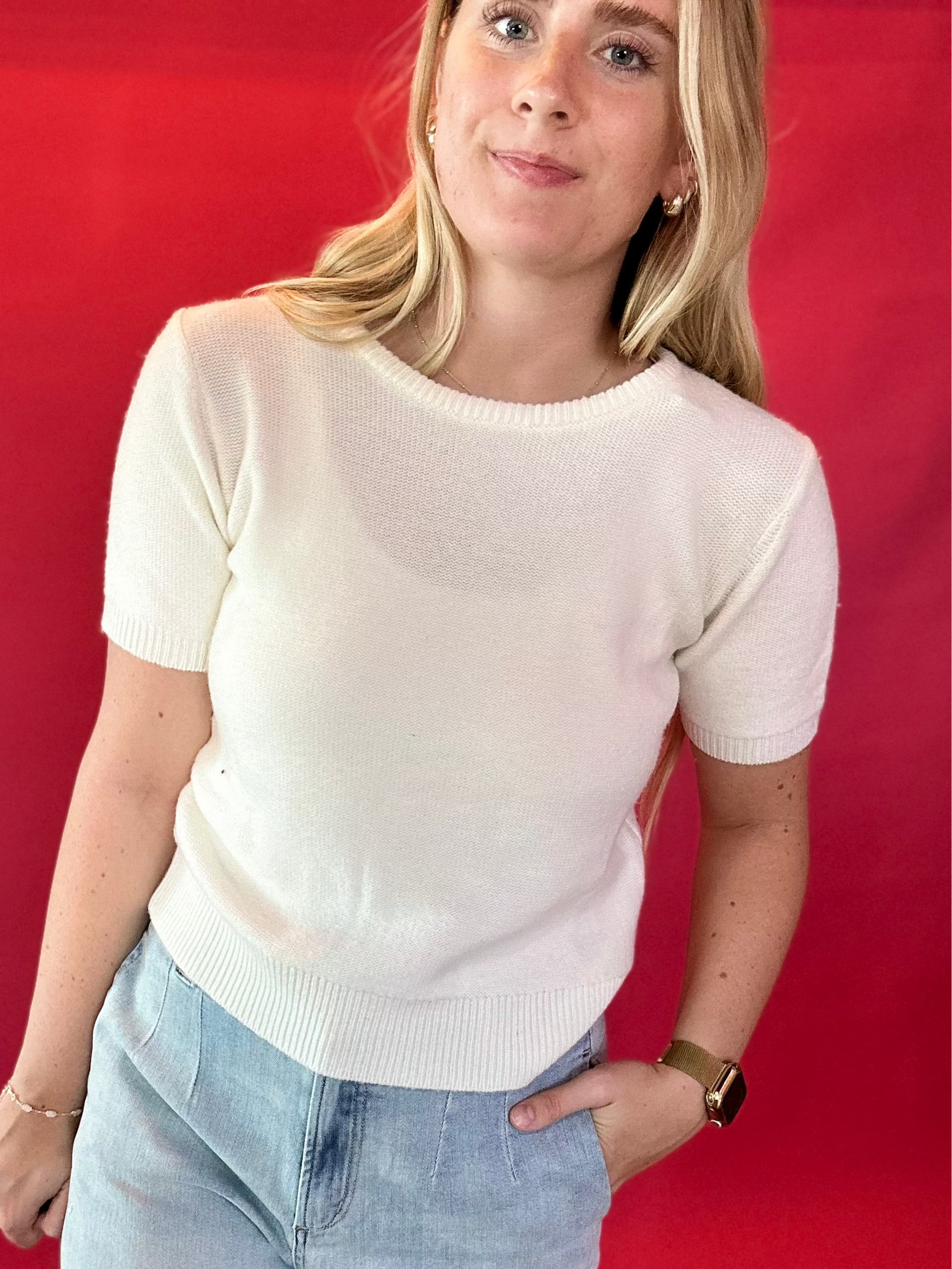 Effortless Days Knit Short Sleeve Sweater in White