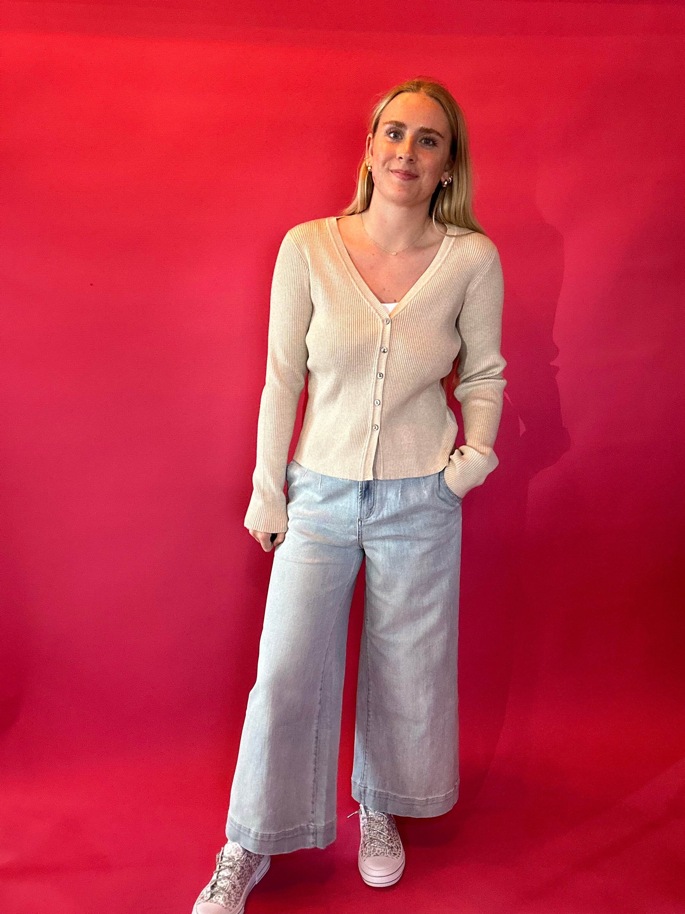 Everyday Cozy Ribbed Button Down in Oatmeal