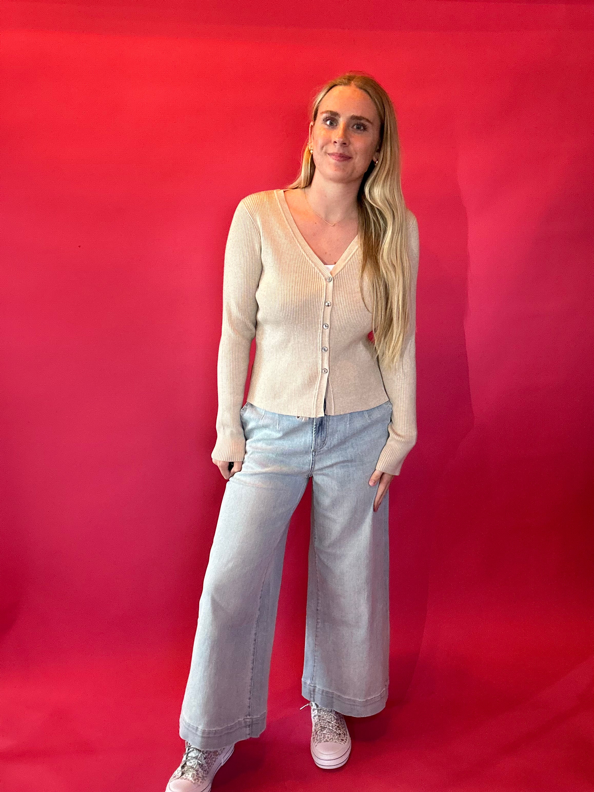 Everyday Cozy Ribbed Button Down in Oatmeal