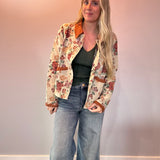 Floral Jacquard Button Front Jacket with Corduroy Scallop Edge Detail