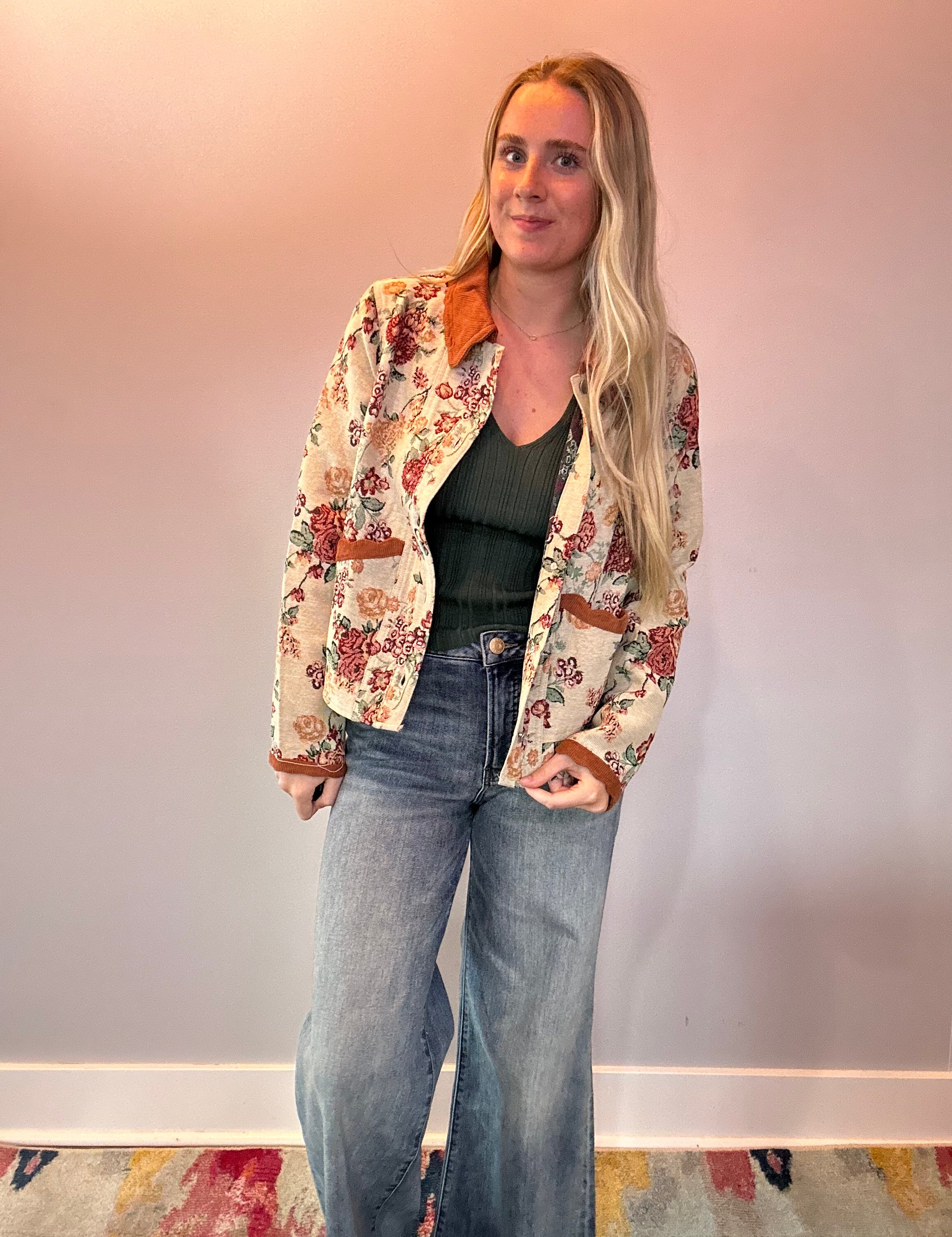 Floral Jacquard Button Front Jacket with Corduroy Scallop Edge Detail