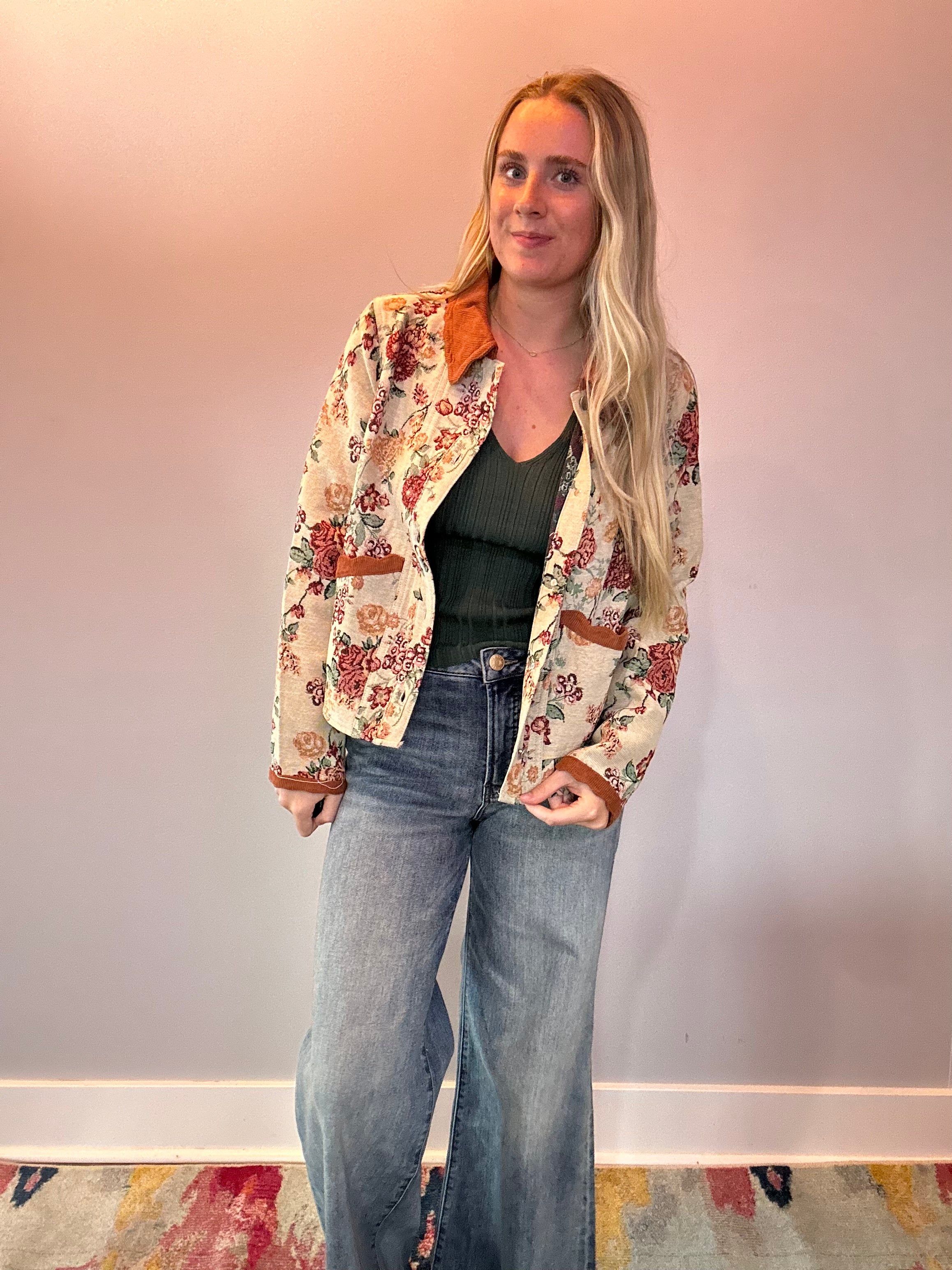 Floral Jacquard Button Front Jacket with Corduroy Scallop Edge Detail