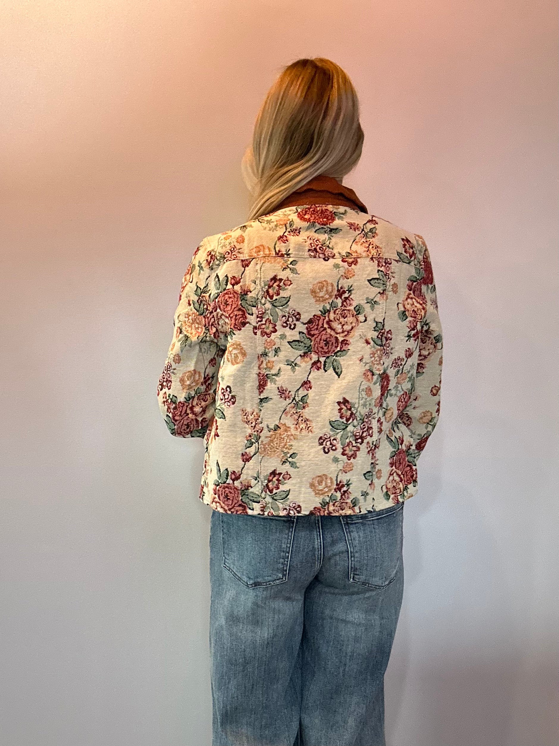 Floral Jacquard Button Front Jacket with Corduroy Scallop Edge Detail