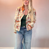 Floral Jacquard Button Front Jacket with Corduroy Scallop Edge Detail