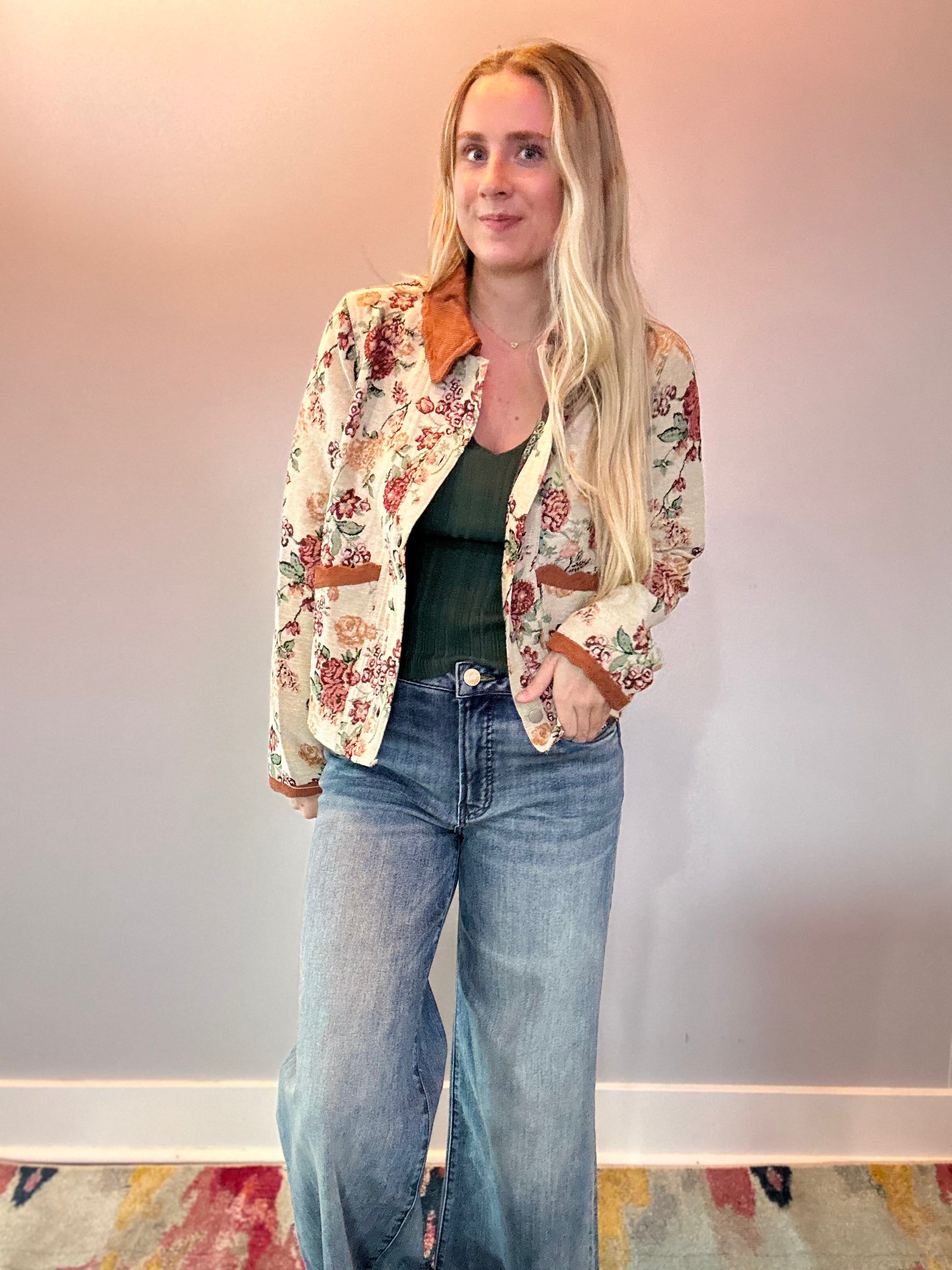 Floral Jacquard Button Front Jacket with Corduroy Scallop Edge Detail