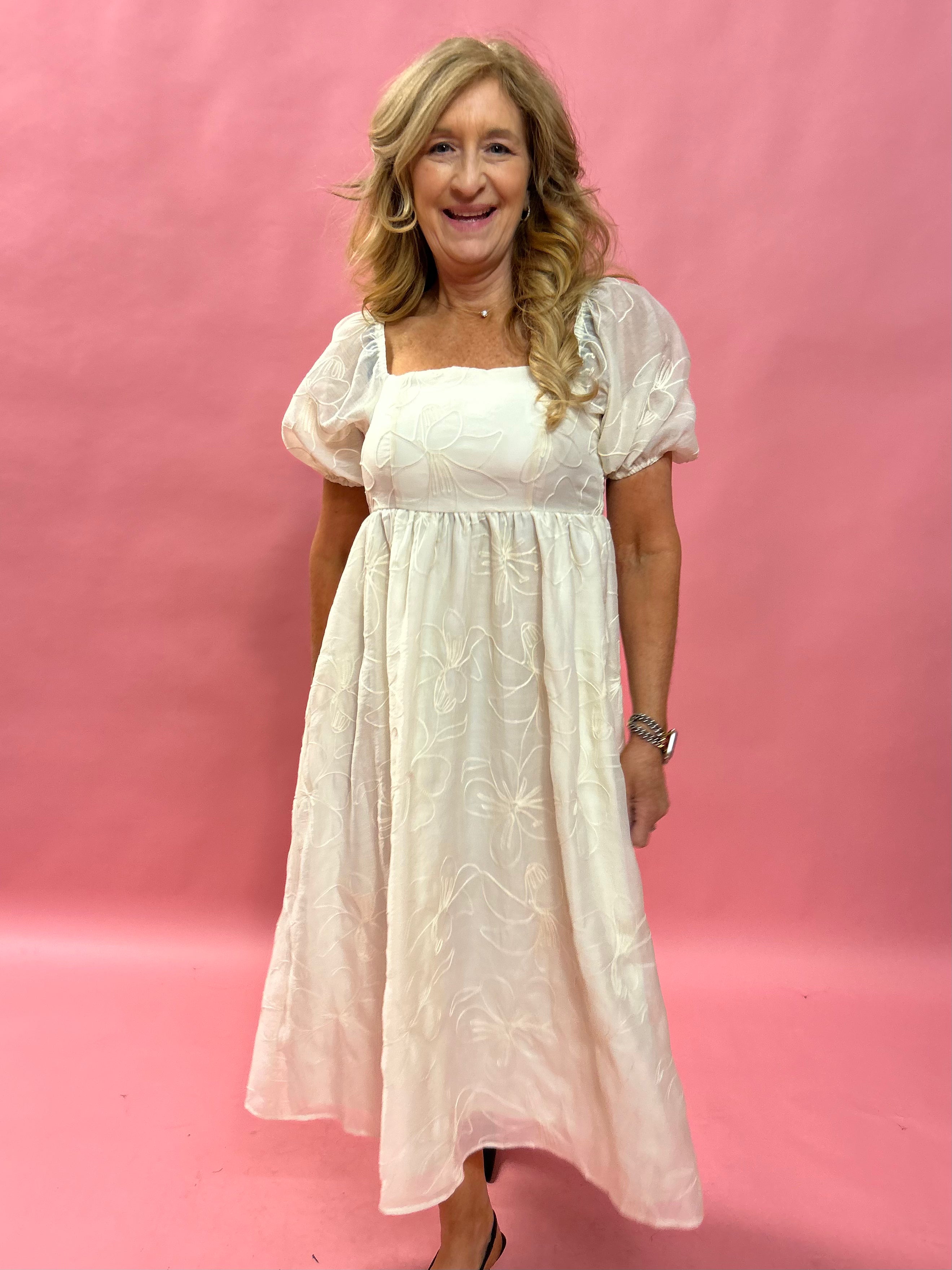 Graceful Charm: Embroidered Babydoll Maxi Dress in Cream