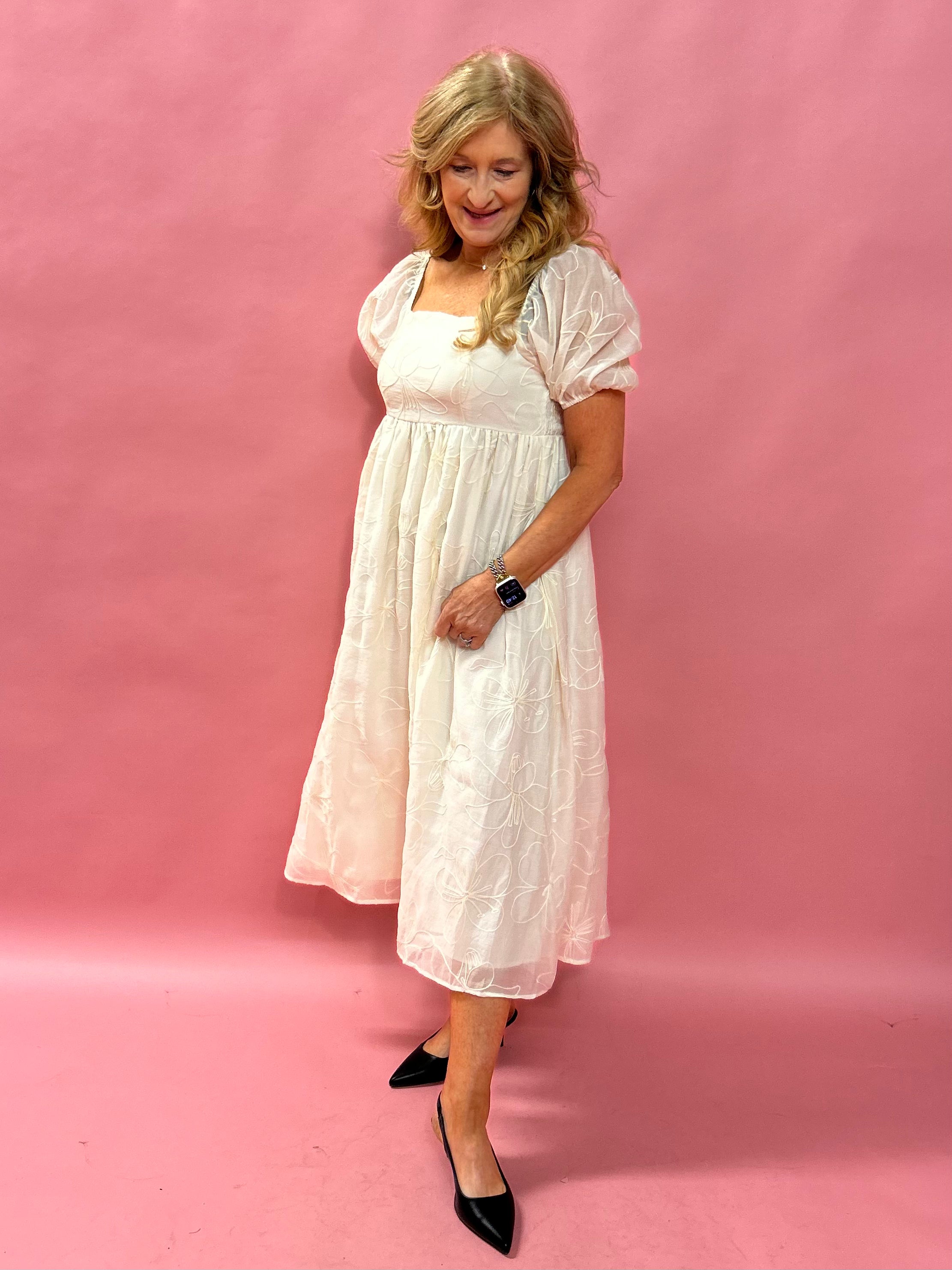 Graceful Charm: Embroidered Babydoll Maxi Dress in Cream