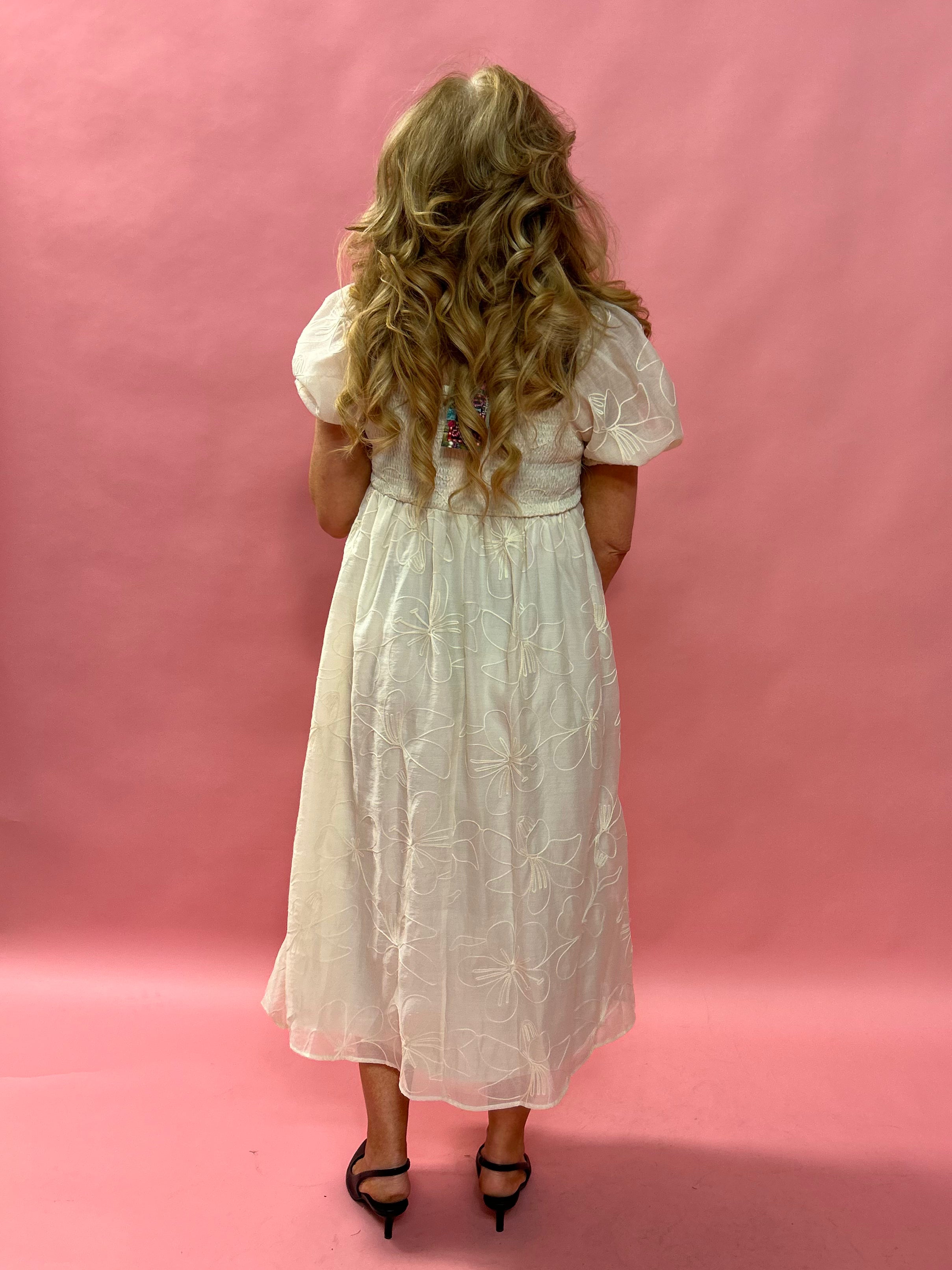 Graceful Charm: Embroidered Babydoll Maxi Dress in Cream