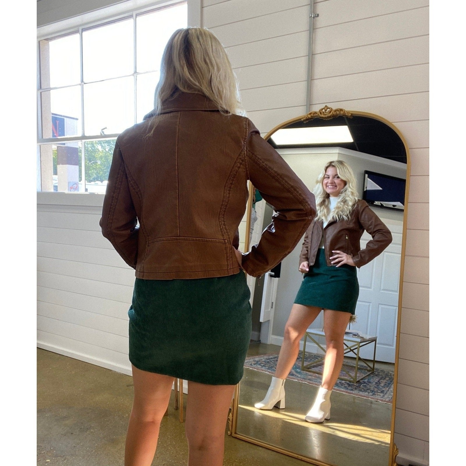Slick Chick Coated Faux Leather Moto Jacket in Brown