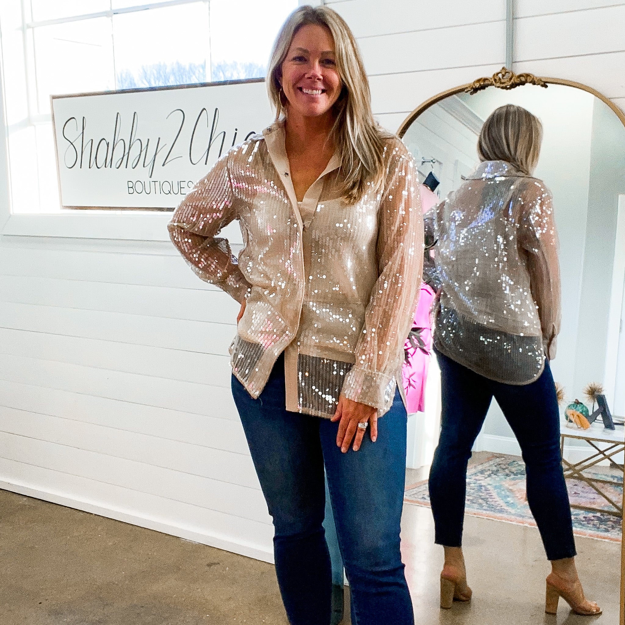 Sabrina Button Down Sequin Top in Taupe