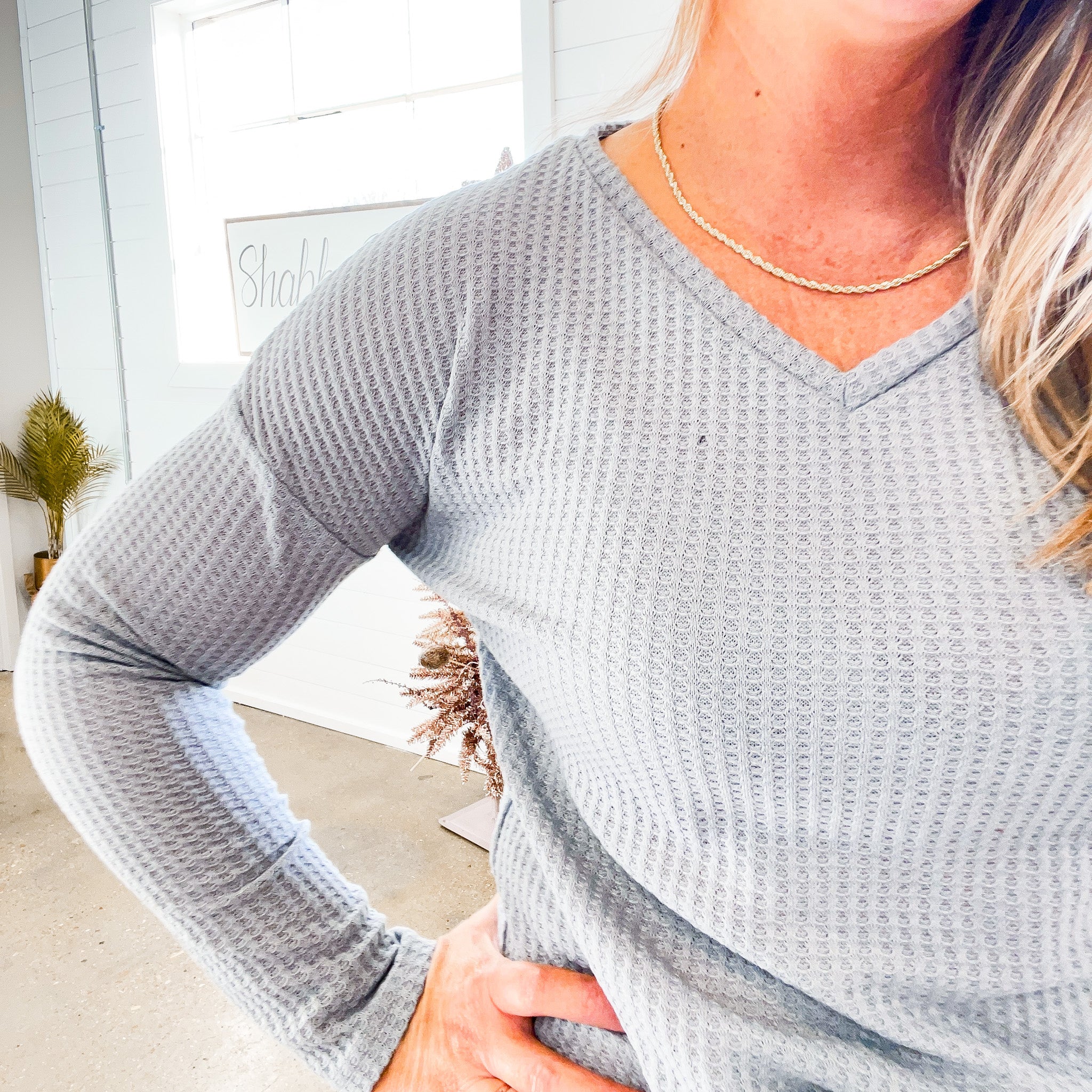 Jackie V-Neck Waffle Knit Top in Grey