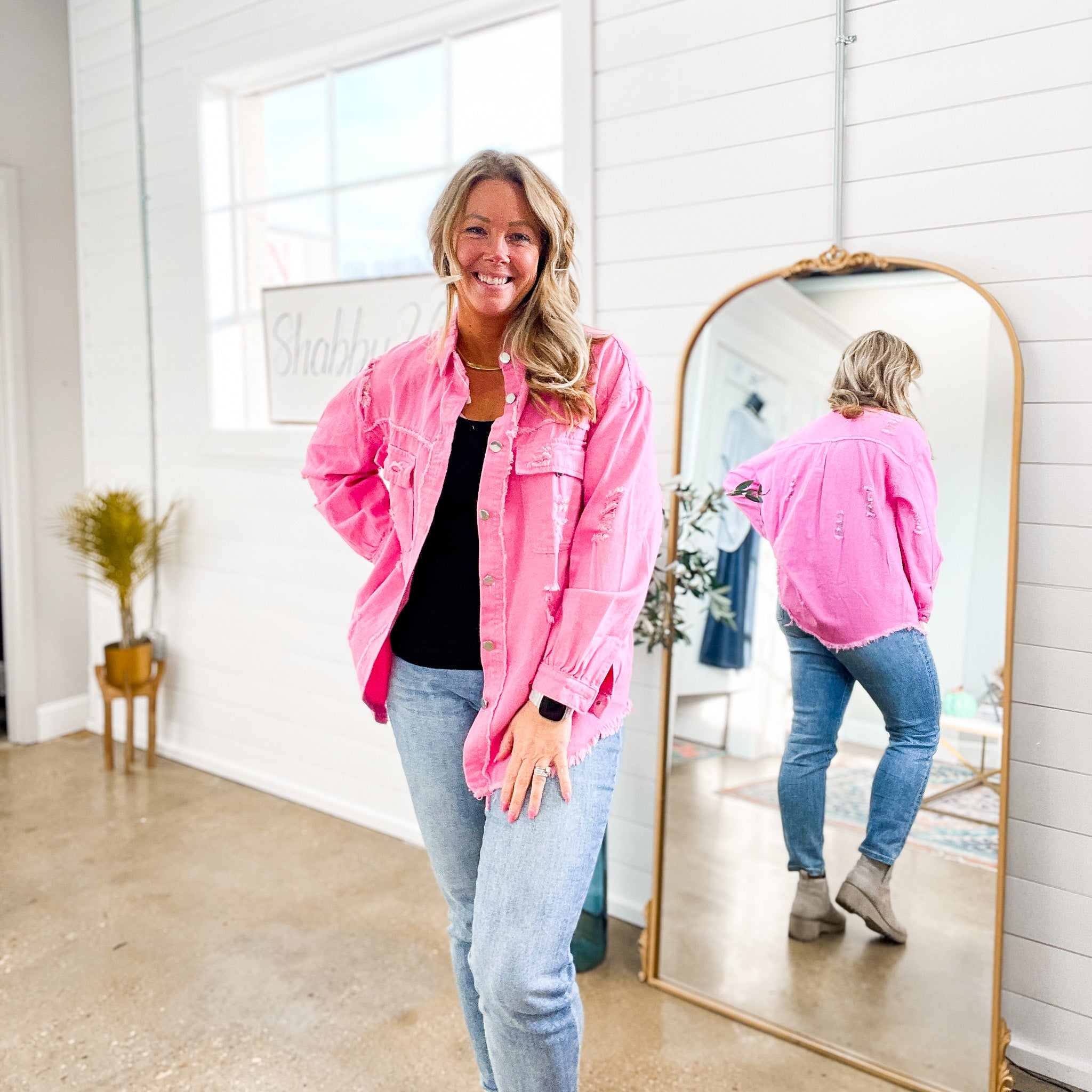 Thinking Out Loud Cotton Distressed Denim Jacket in Pink
