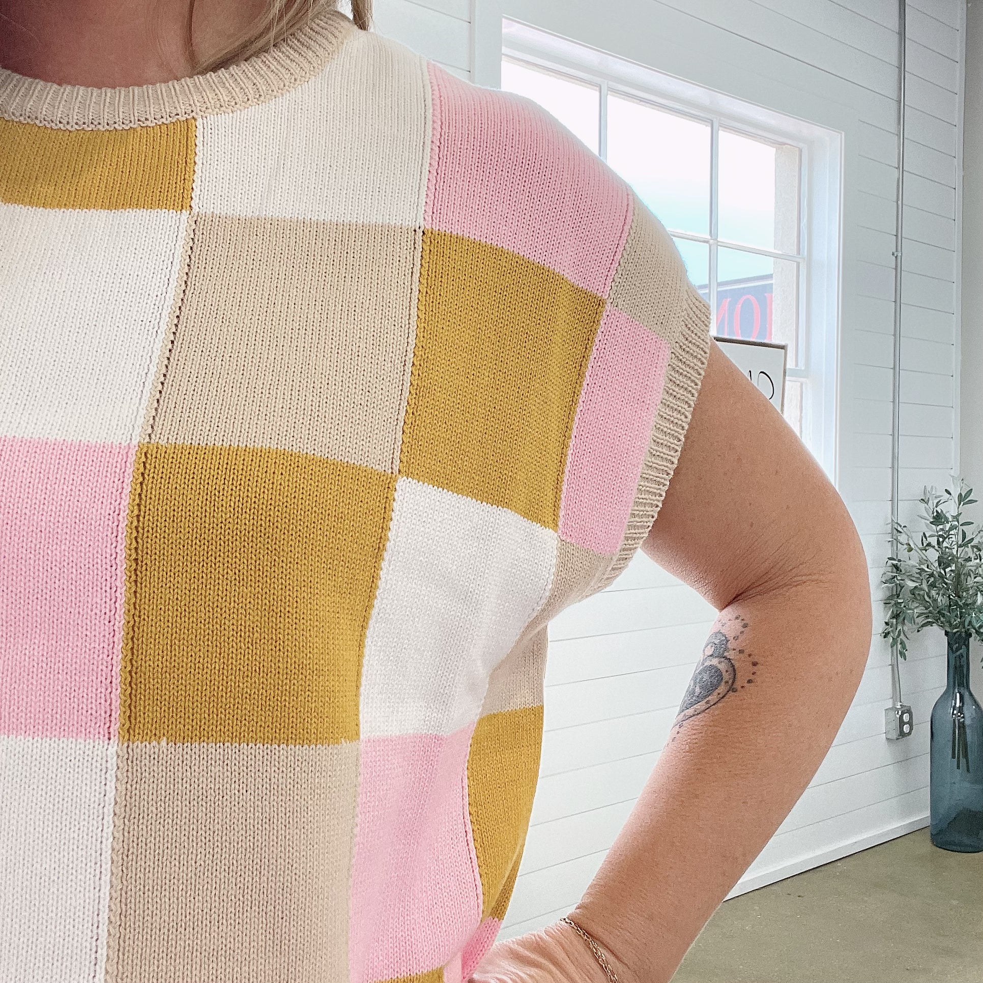 Amanda Checkerboard Short Sleeve Sweater