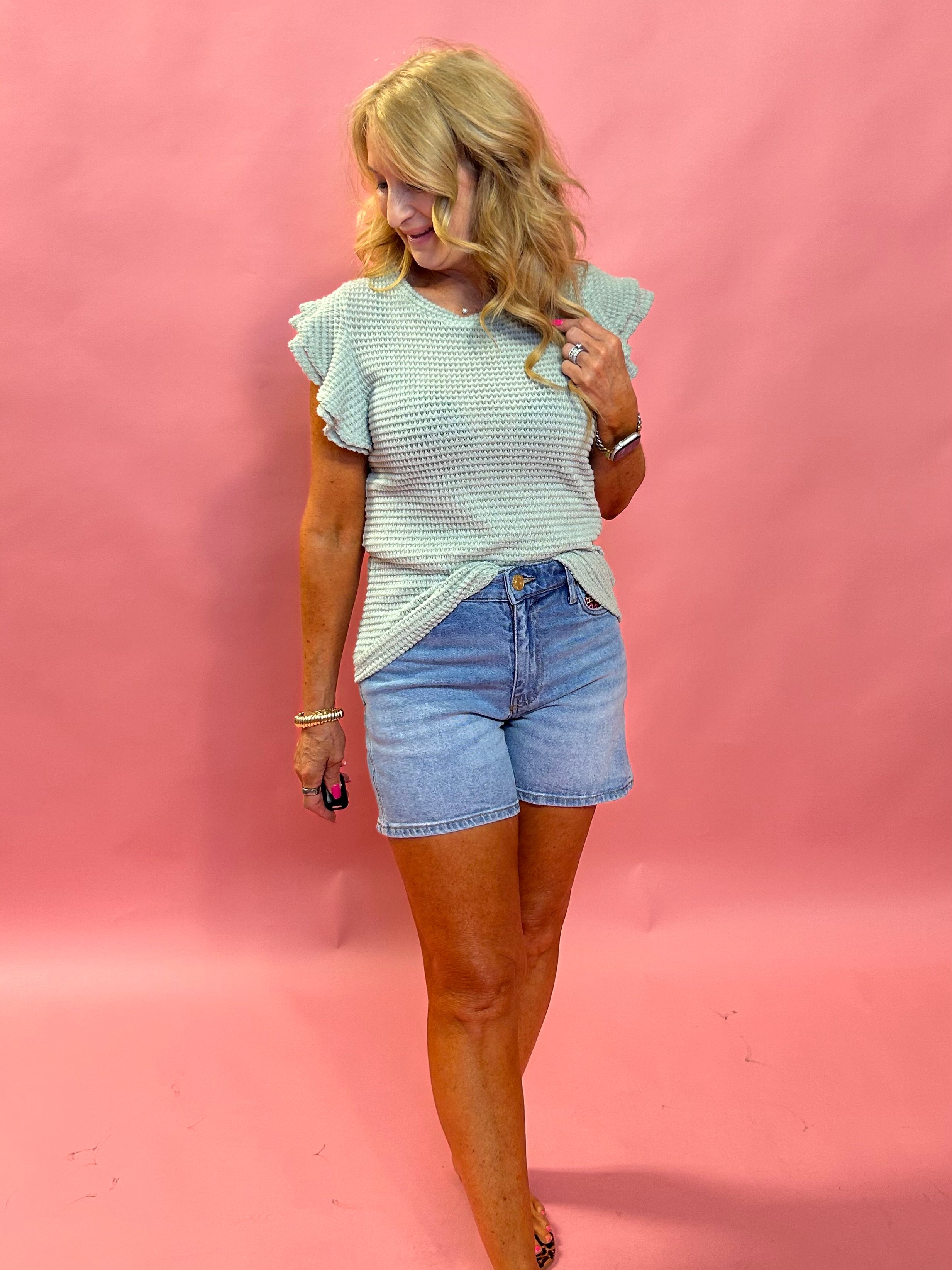 Jane High Rise Long Short w/Frayed Hem in Peaceful