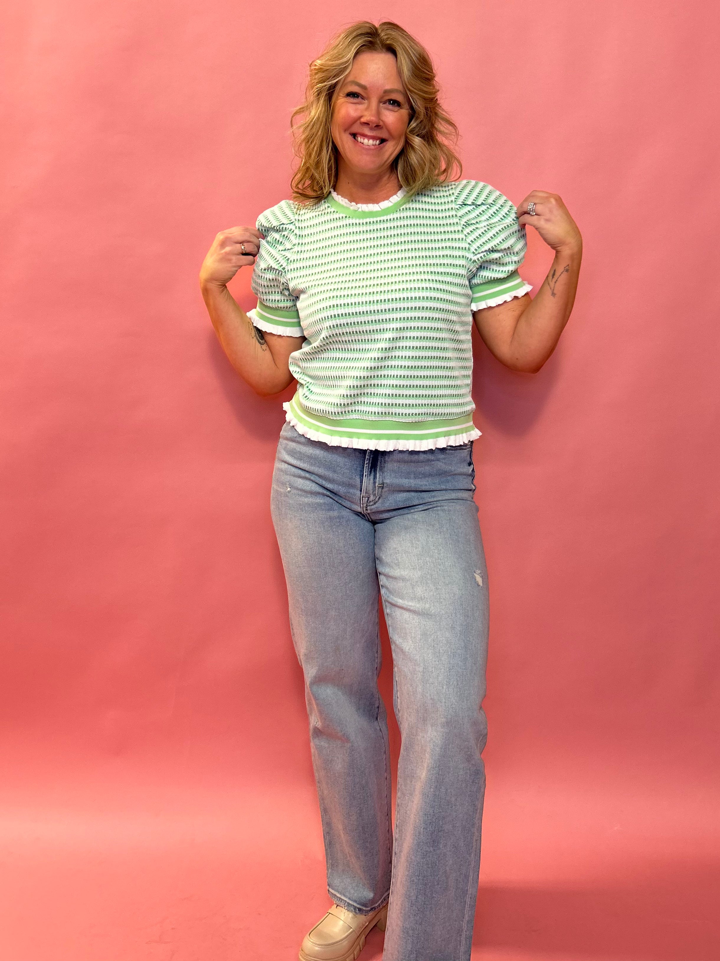 Lucky Charm Striped Puff Sleeve Sweater in Green
