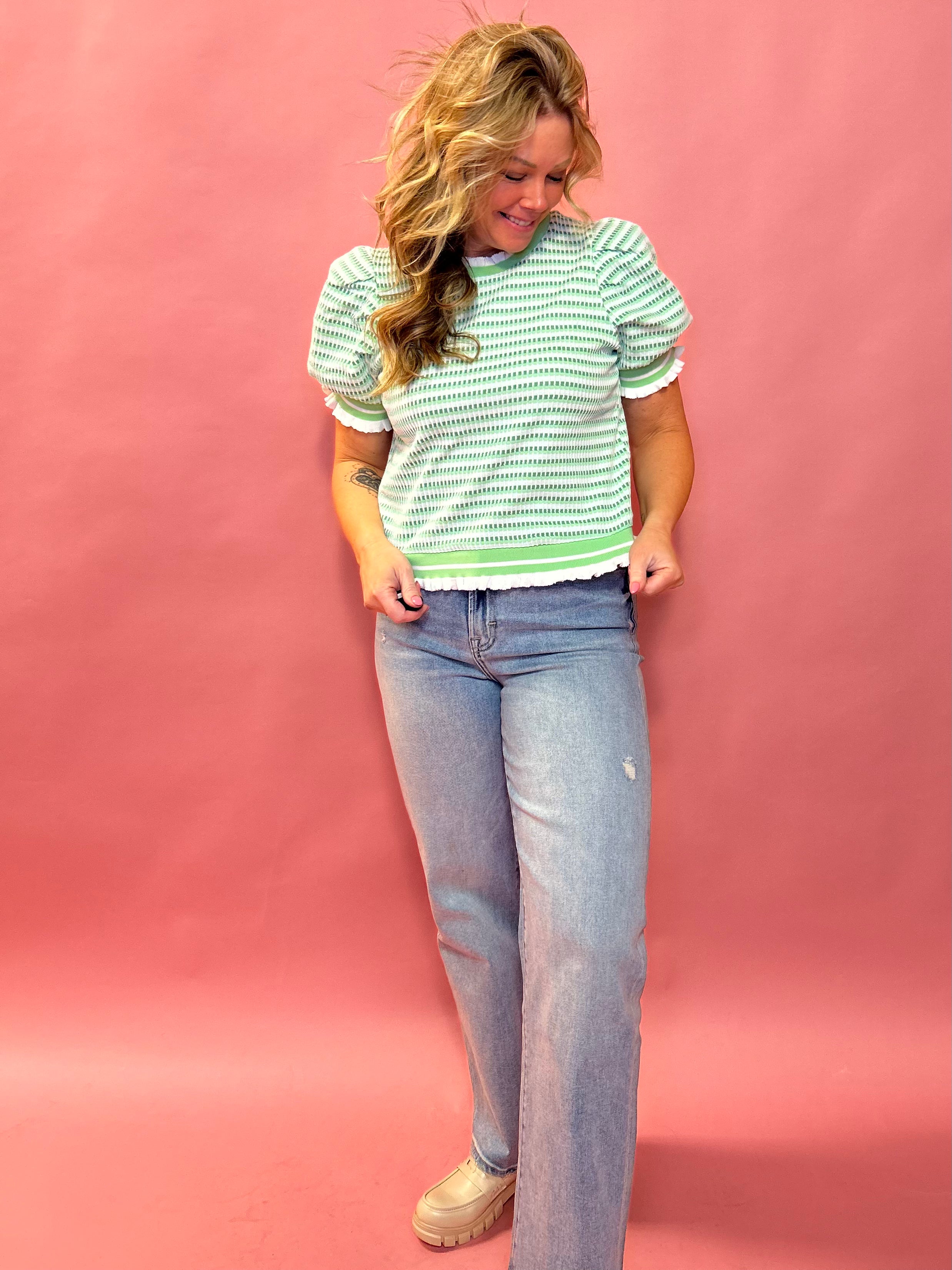 Lucky Charm Striped Puff Sleeve Sweater in Green