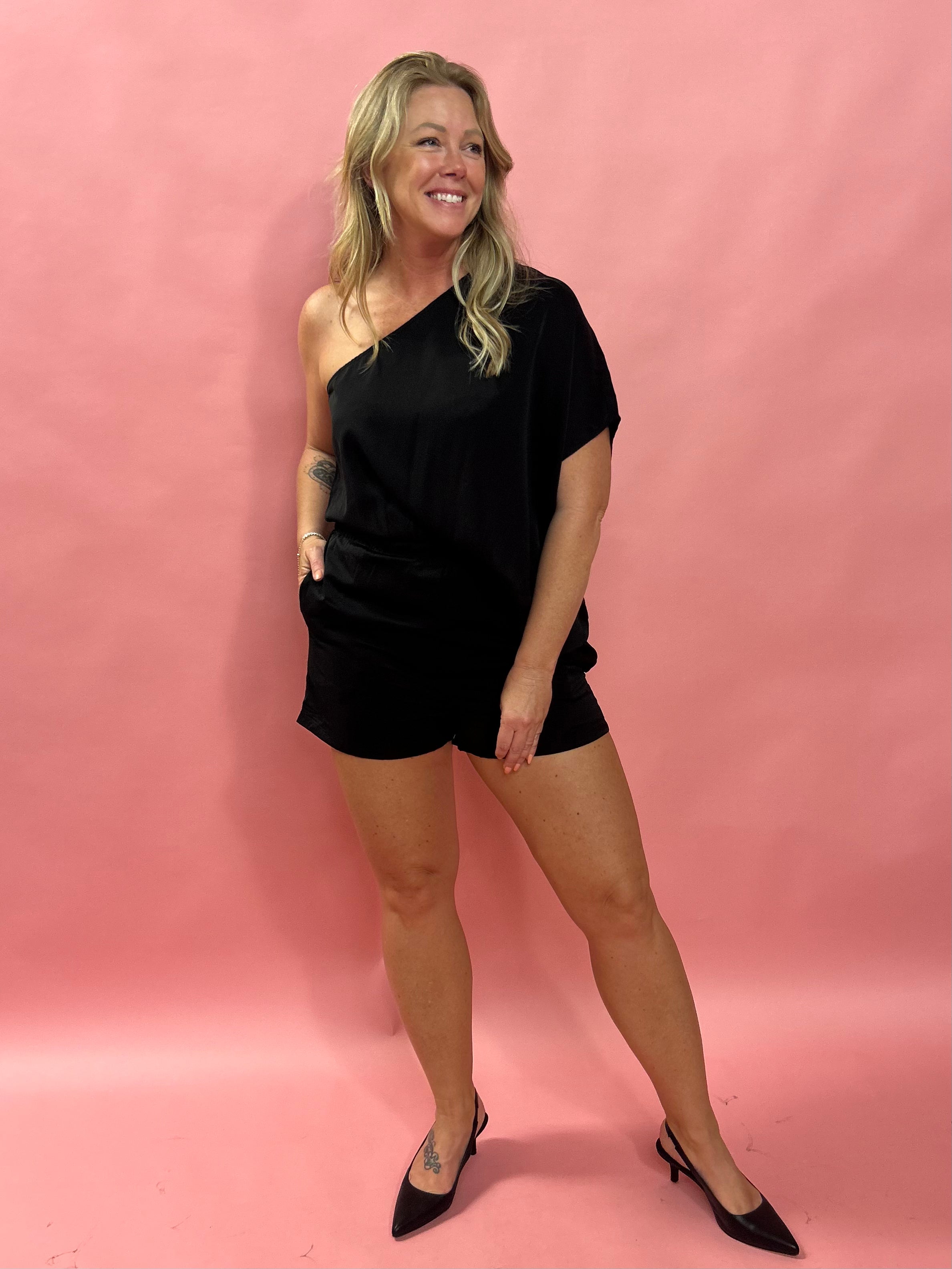 Midnight Allure One-Shoulder Romper in Black