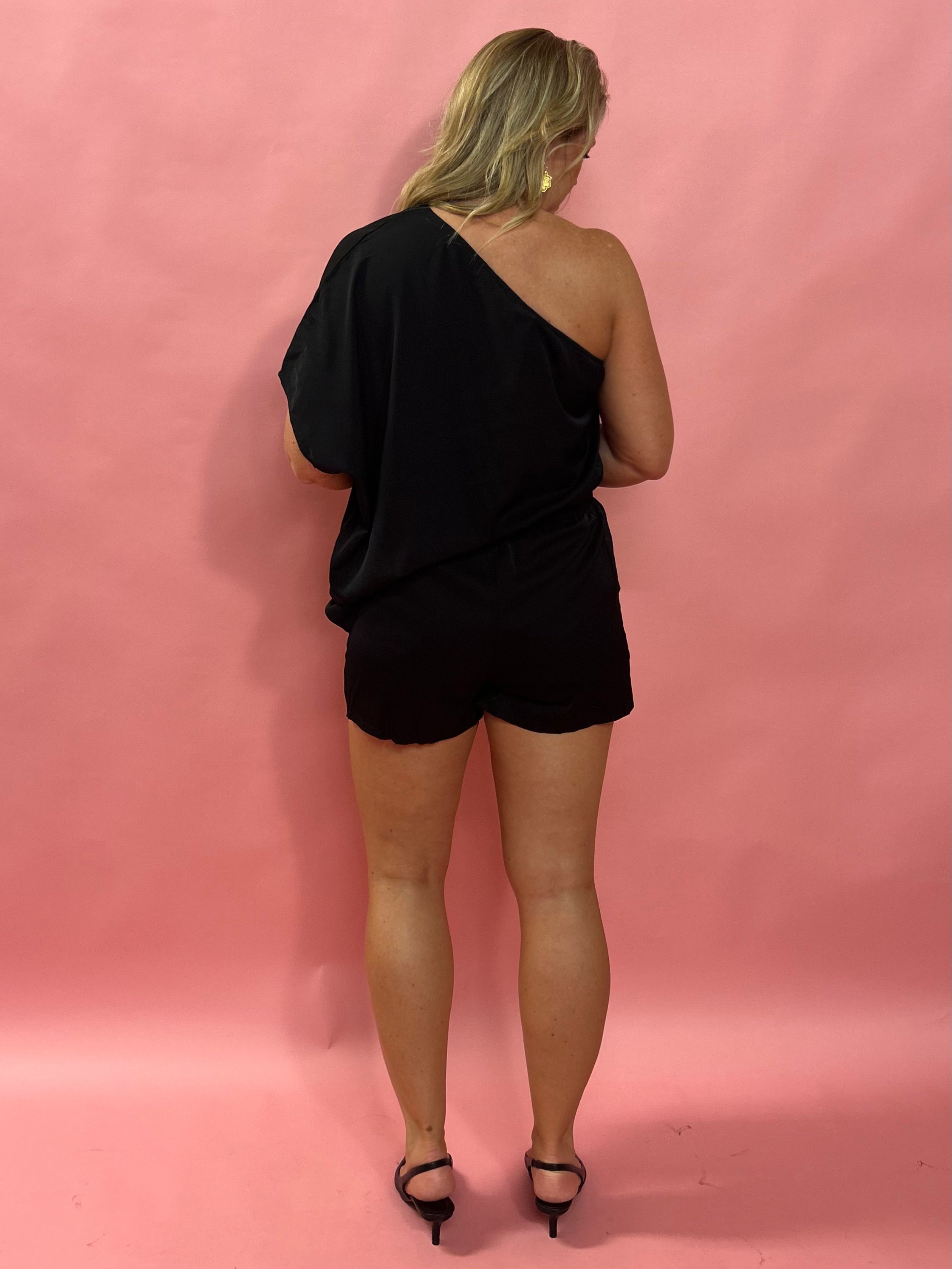 Midnight Allure One-Shoulder Romper in Black