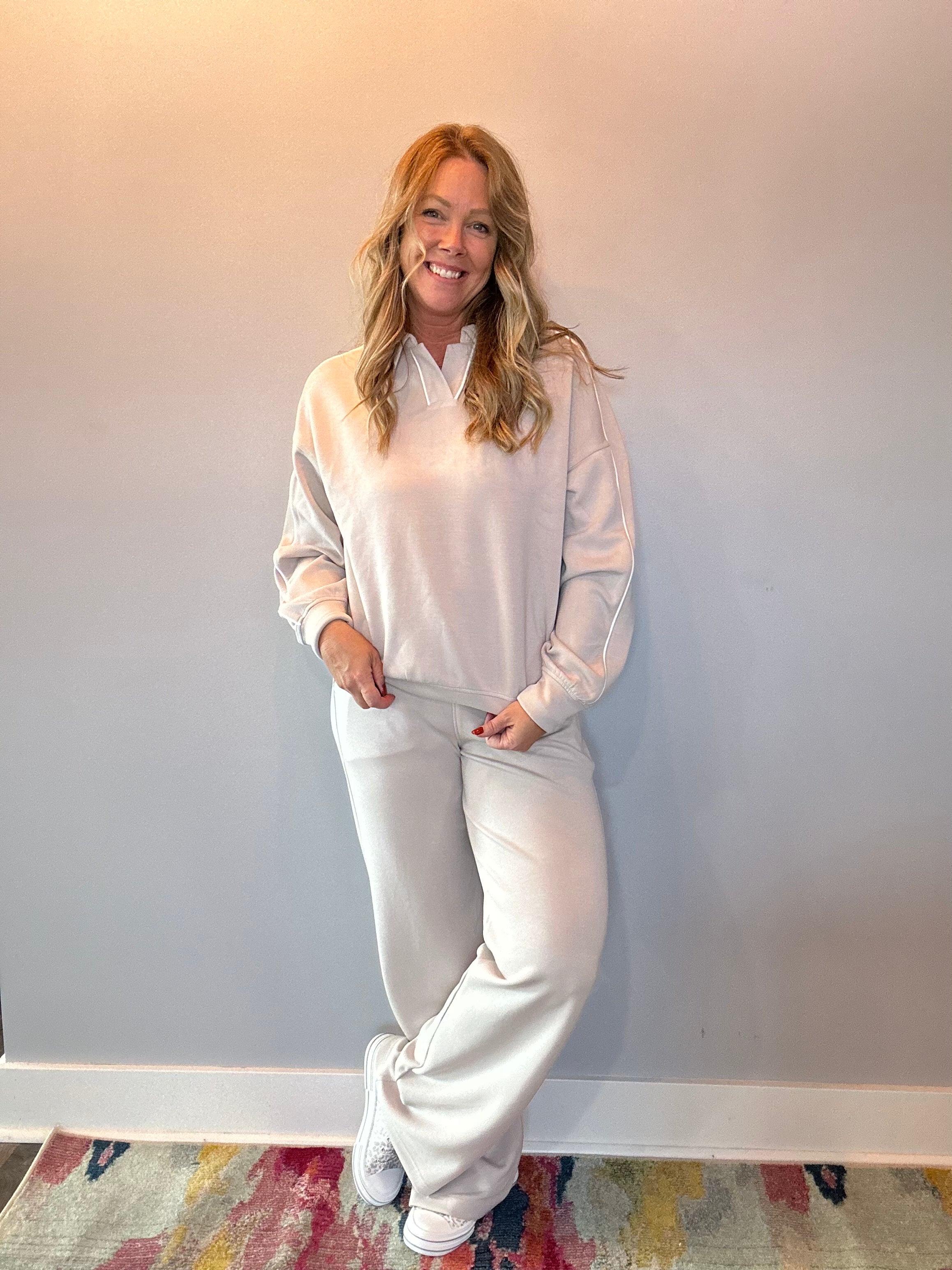 Polished Comfort Modal Scuba Polo Top with Piping in Taupe