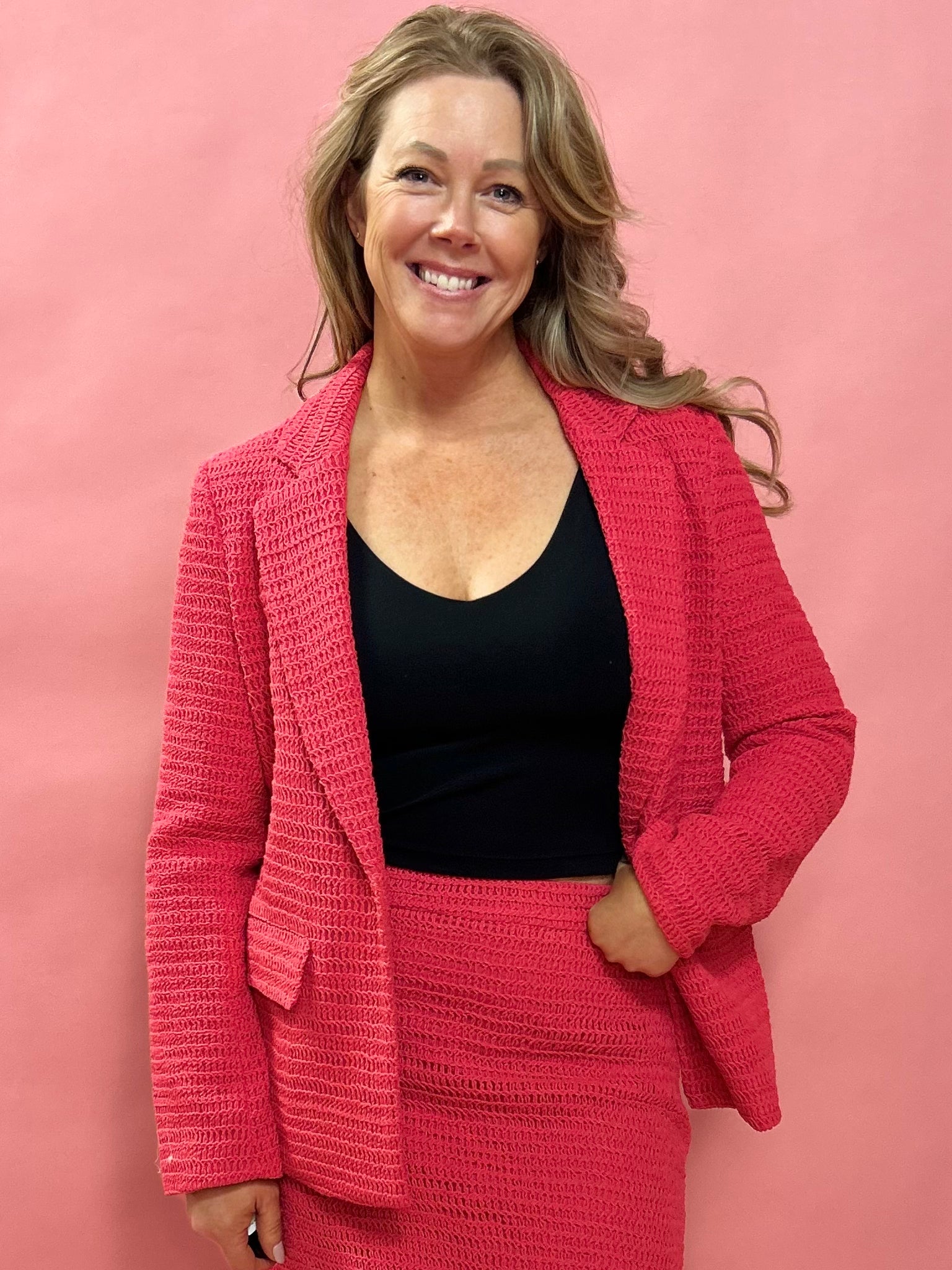 Raspberry Chic Crochet Blazer with Flap Pockets