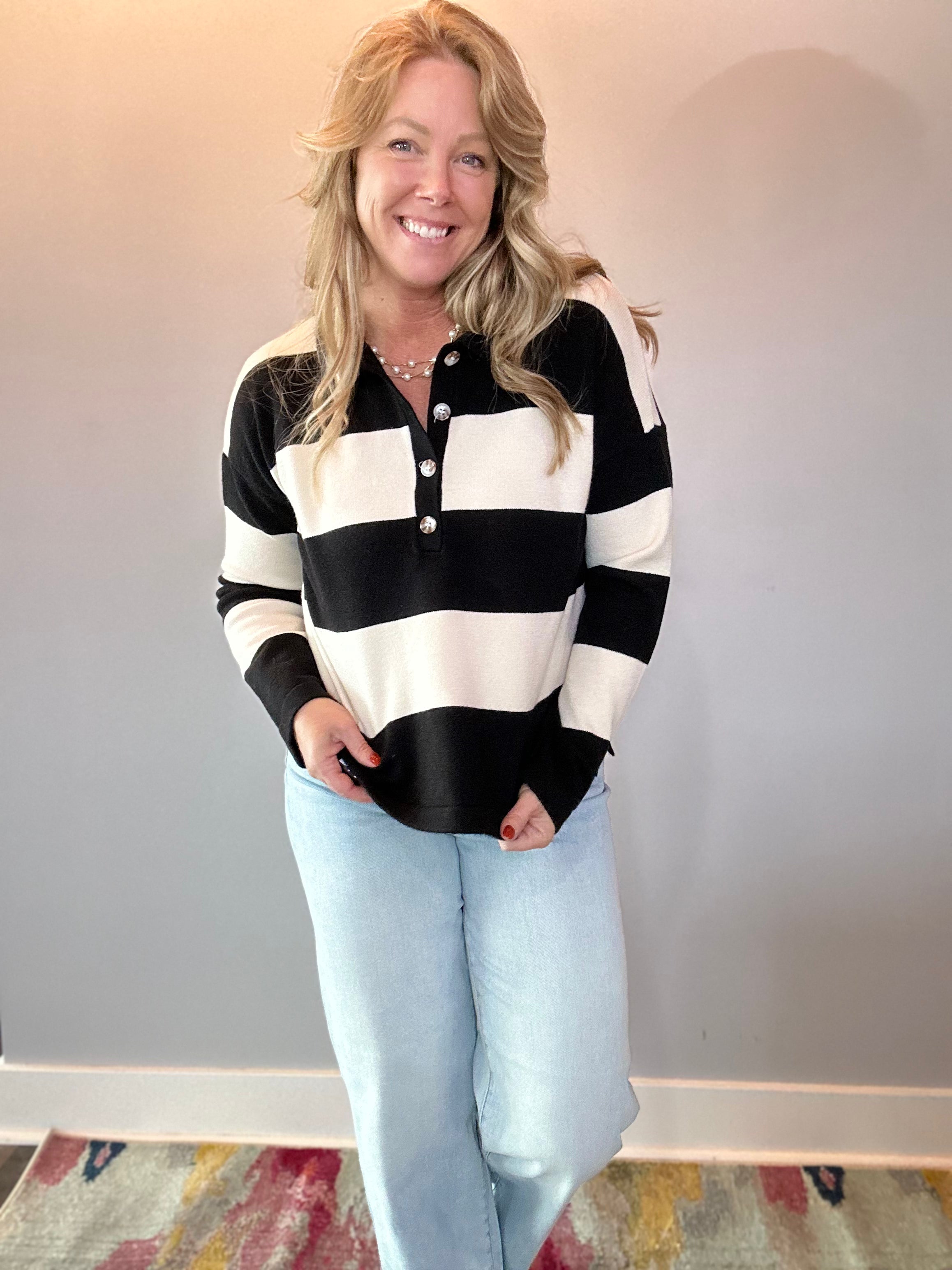 Striped Sweater With Polo Collar Detailing