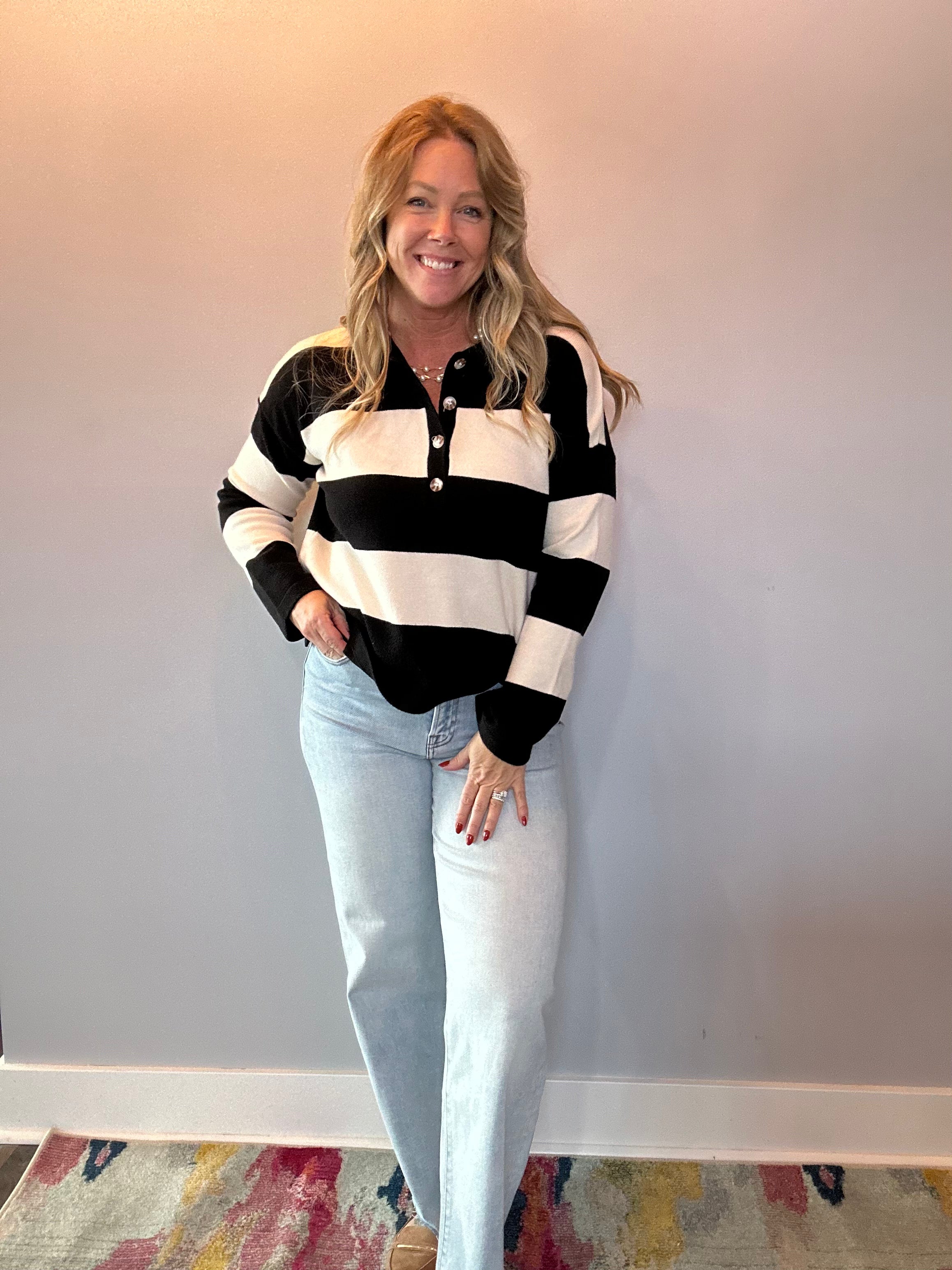 Striped Sweater With Polo Collar Detailing