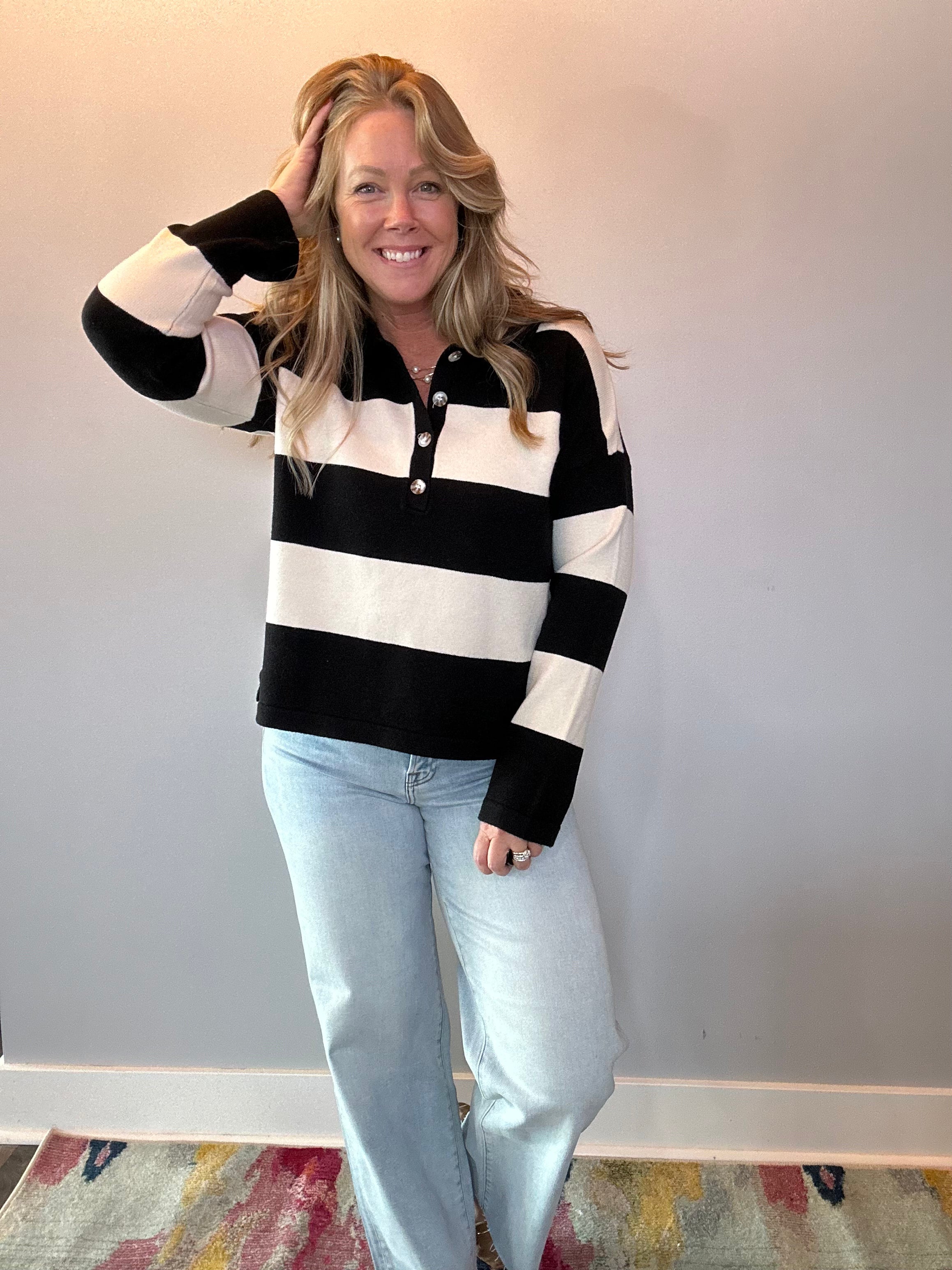 Striped Sweater With Polo Collar Detailing